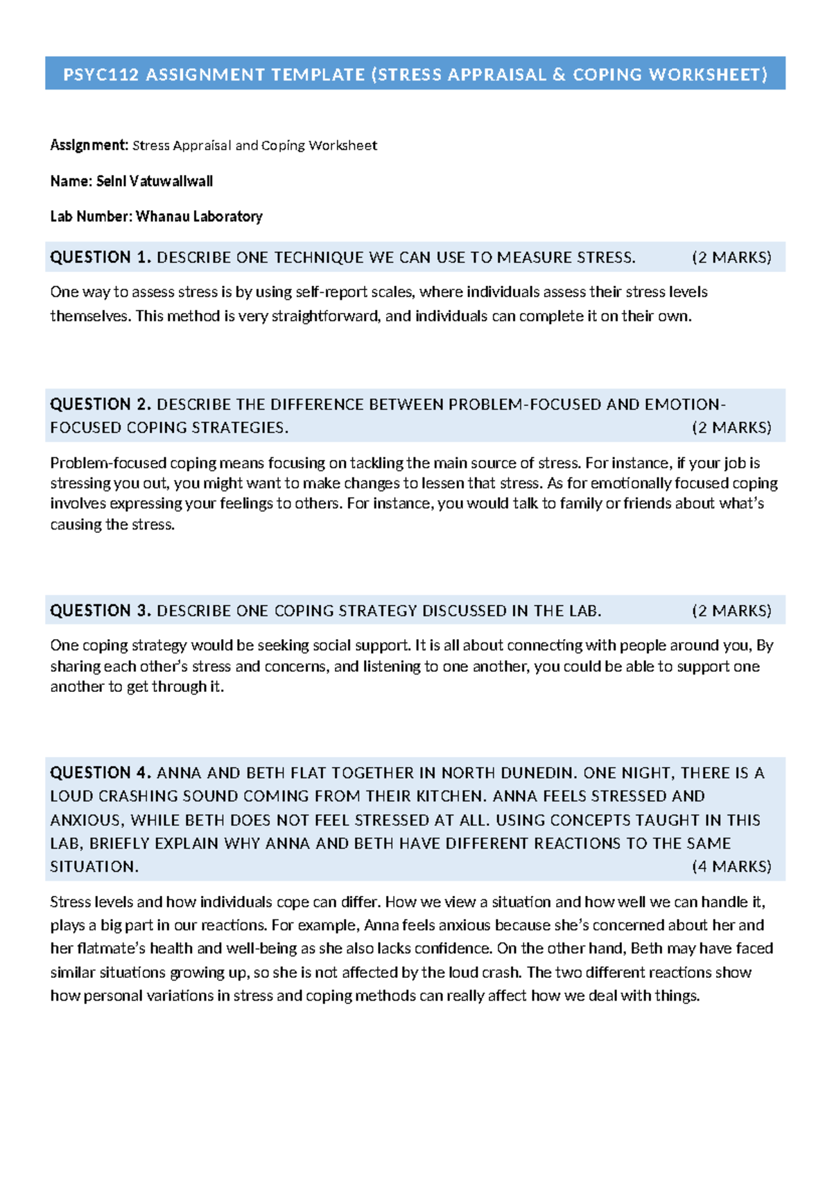 2024 PSYC112 Stress Worksheet S - PSYC112 ASSIGNMENT TEMPLATE (STRESS ...