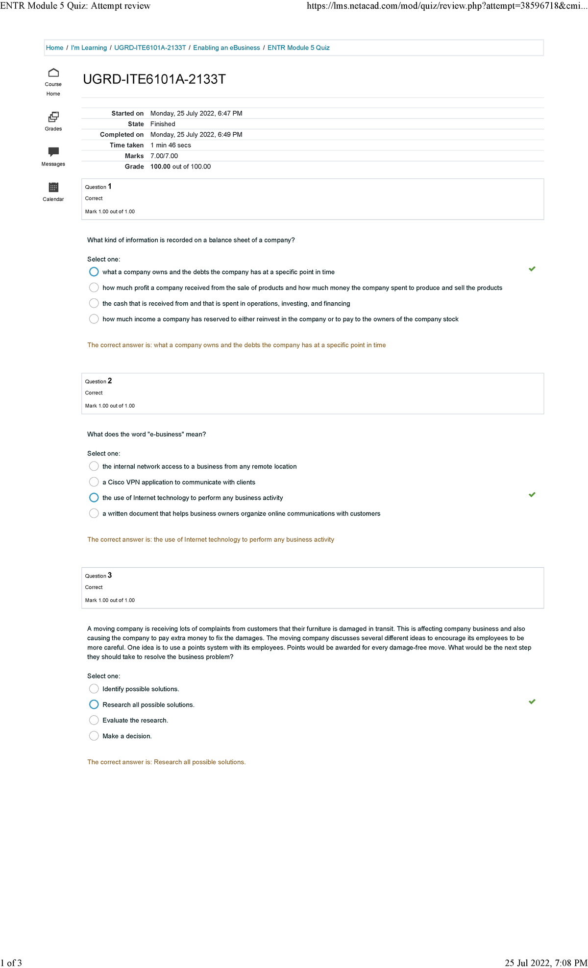 ENTR Module 5 Quiz Attempt review - Home / I'm Learning / UGRD-ITE6101A ...