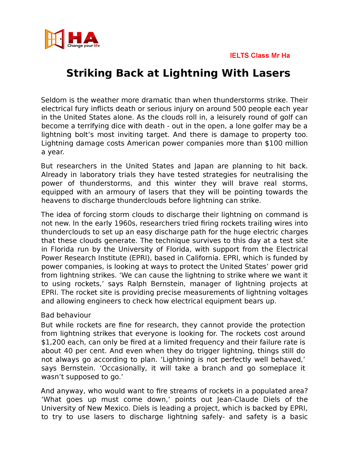 Ielts Reading CAM 8 TEST 3 - Striking Back at Lightning With Lasers Seldom is the weather more - Studocu