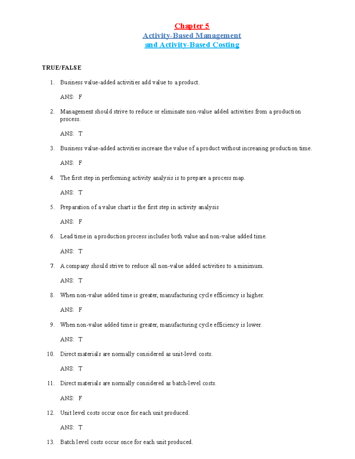 Ch05 Activity Based Management And Activity Based Costing Chapter 5 Activity Based Management Ch05 Activity Based Management And Activity Based Costing Chapter 5 Activity Based Management