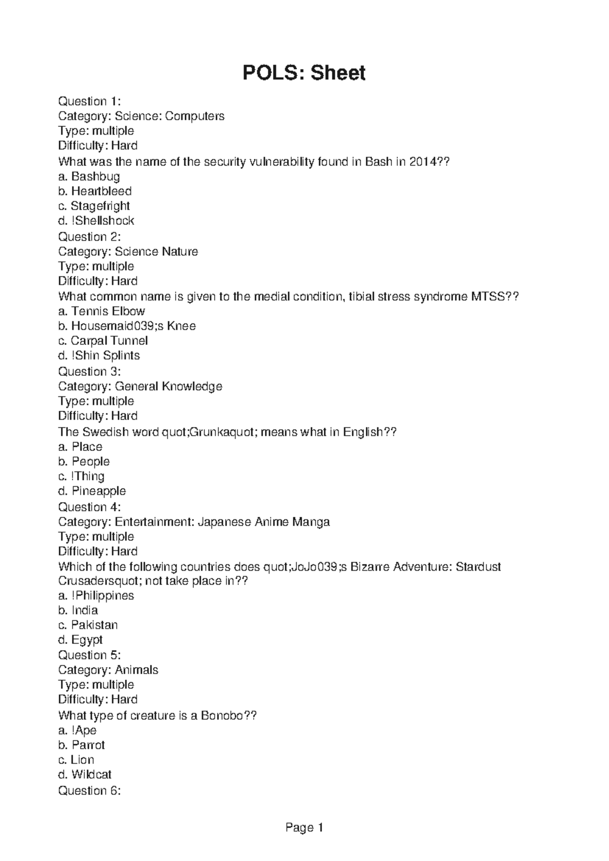 POLS345 Pre Lab 7 POLS Sheet Question 1 Category Science