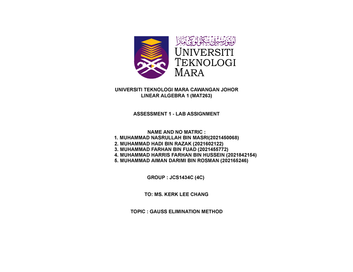 LAB Assignment MAT263 UNIVERSITI TEKNOLOGI MARA CAWANGAN JOHOR LINEAR