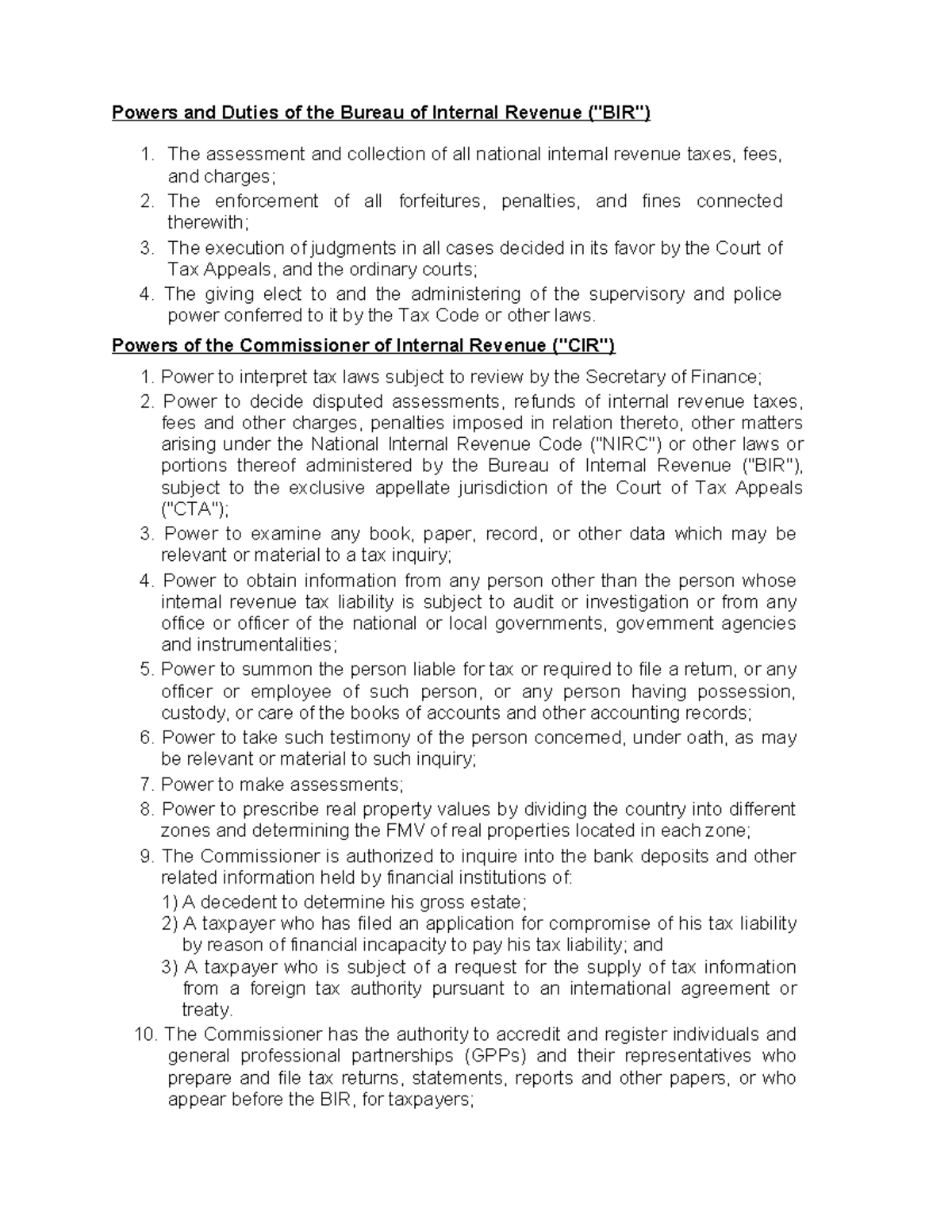 Powers and Duties of the BIR and Commissioner (CIR) Powers and Duties
