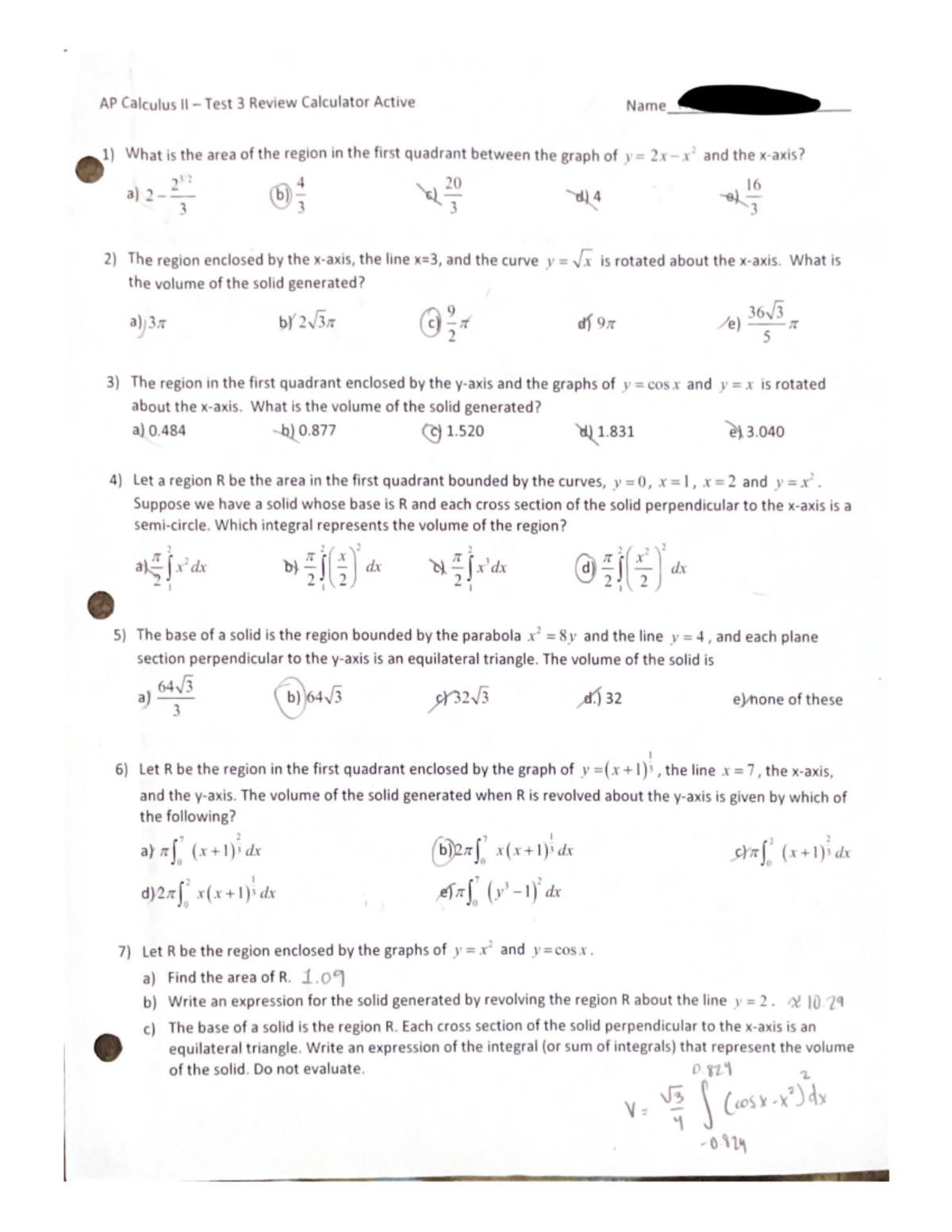 Calculus II - Test 3 Review - 3 4) Let a region R be the area in the ...