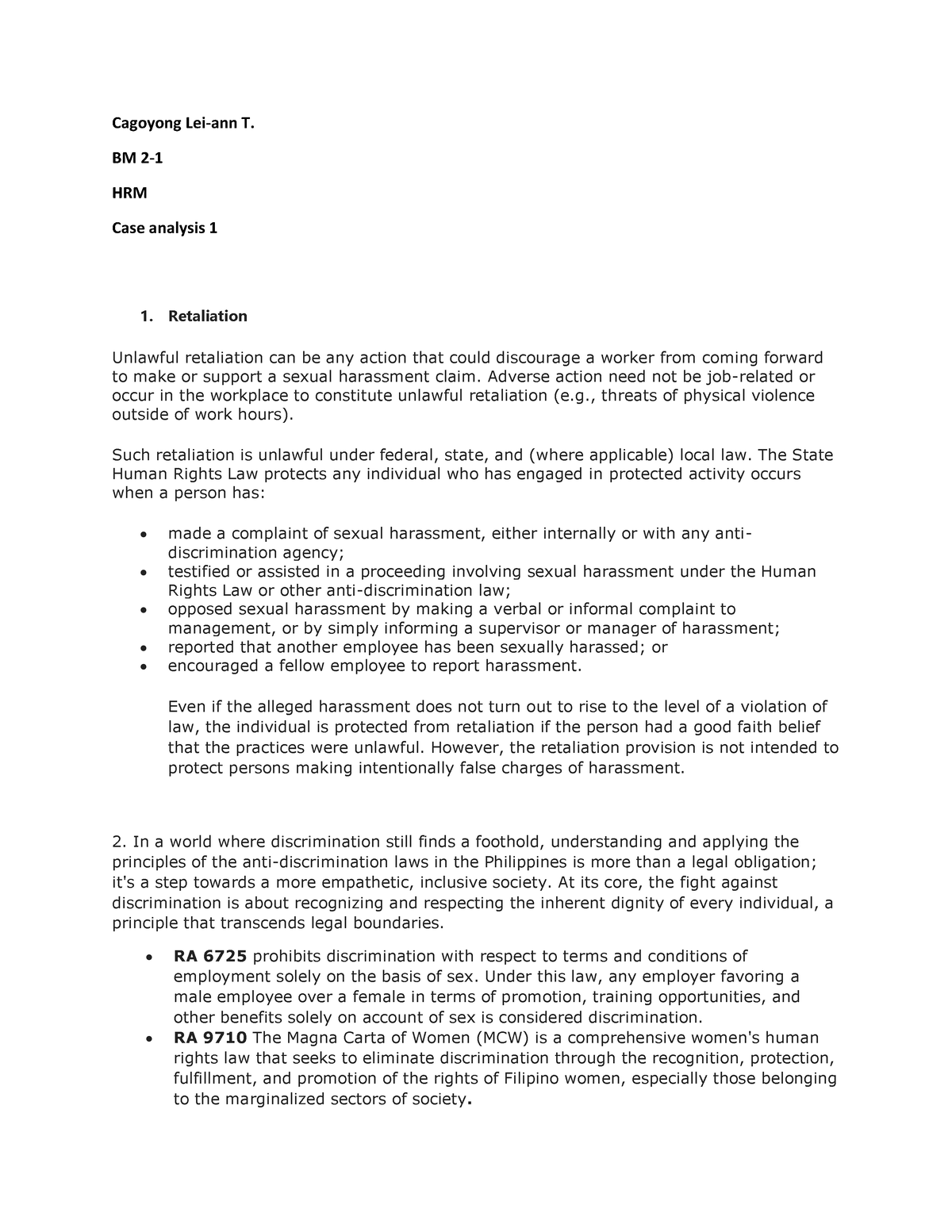 Cagoyong HRM(case analysis 1) - Cagoyong Lei-ann T. BM 2- 1 HRM Case ...