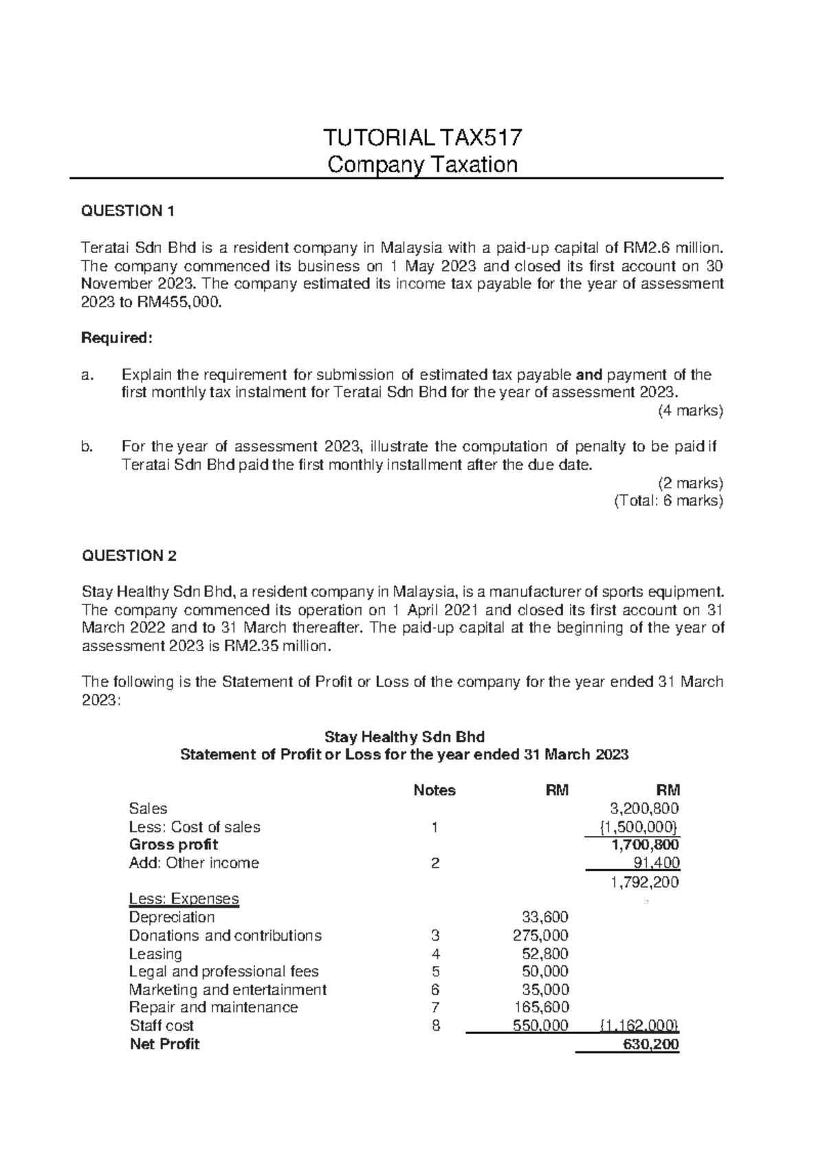 Extra Tutorial Co TAX B - TUTORIAL TAX Company Taxation QUESTION 1 ...