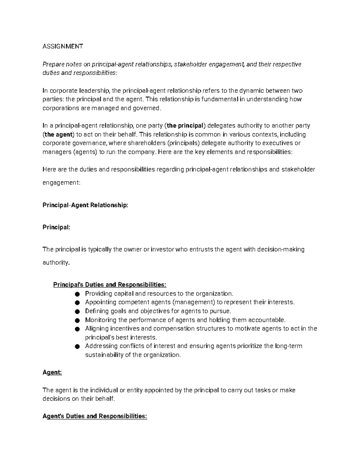 Principal-agent in corporate leadership - ASSIGNMENT Prepare notes on ...