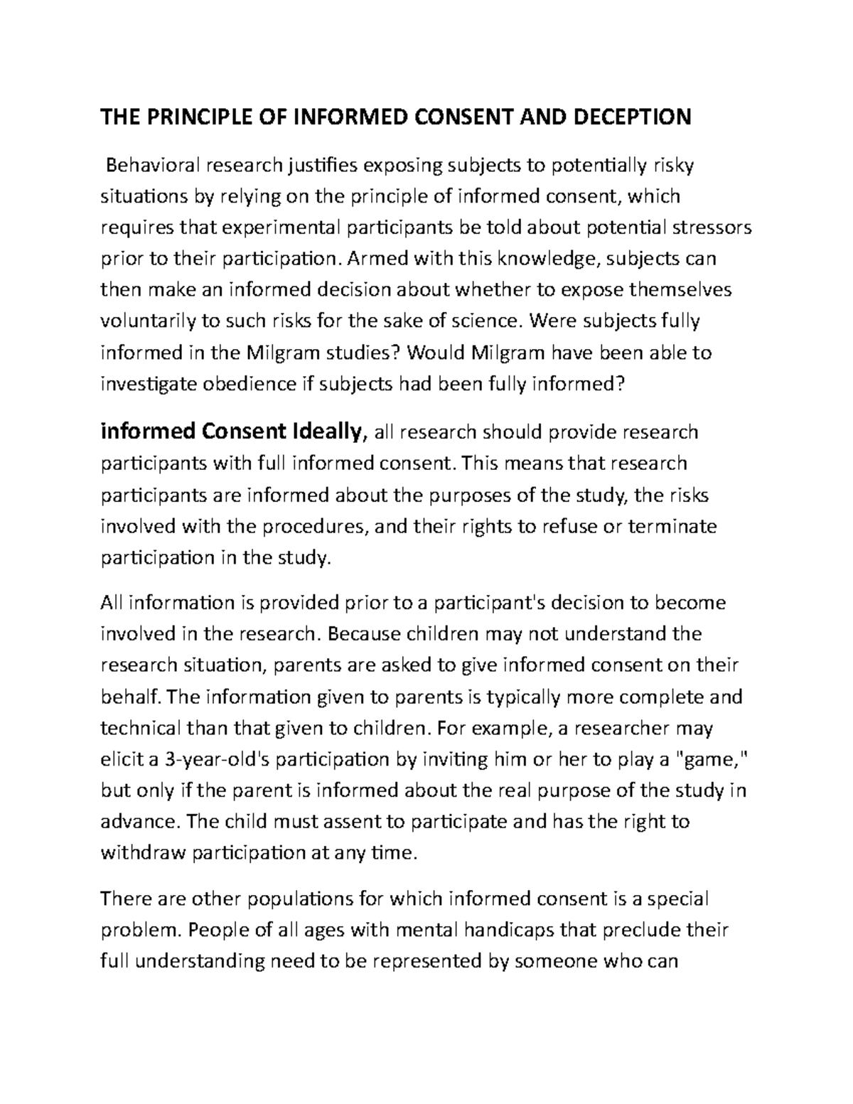 THE Principle OF Informed Consent AND Deception - THE PRINCIPLE OF ...