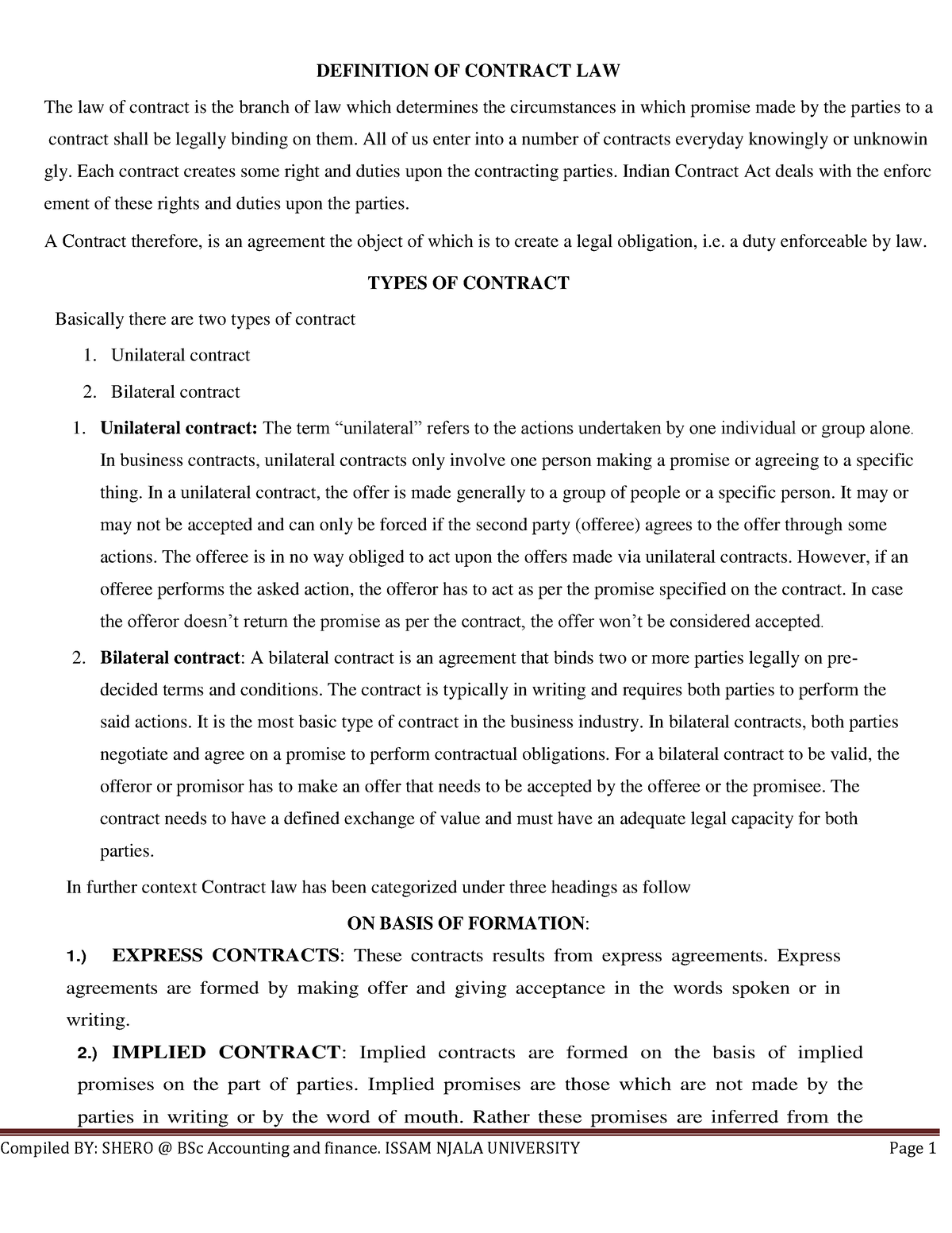 Contract LAW NOTE Final DEFINITION OF CONTRACT LAW The law of