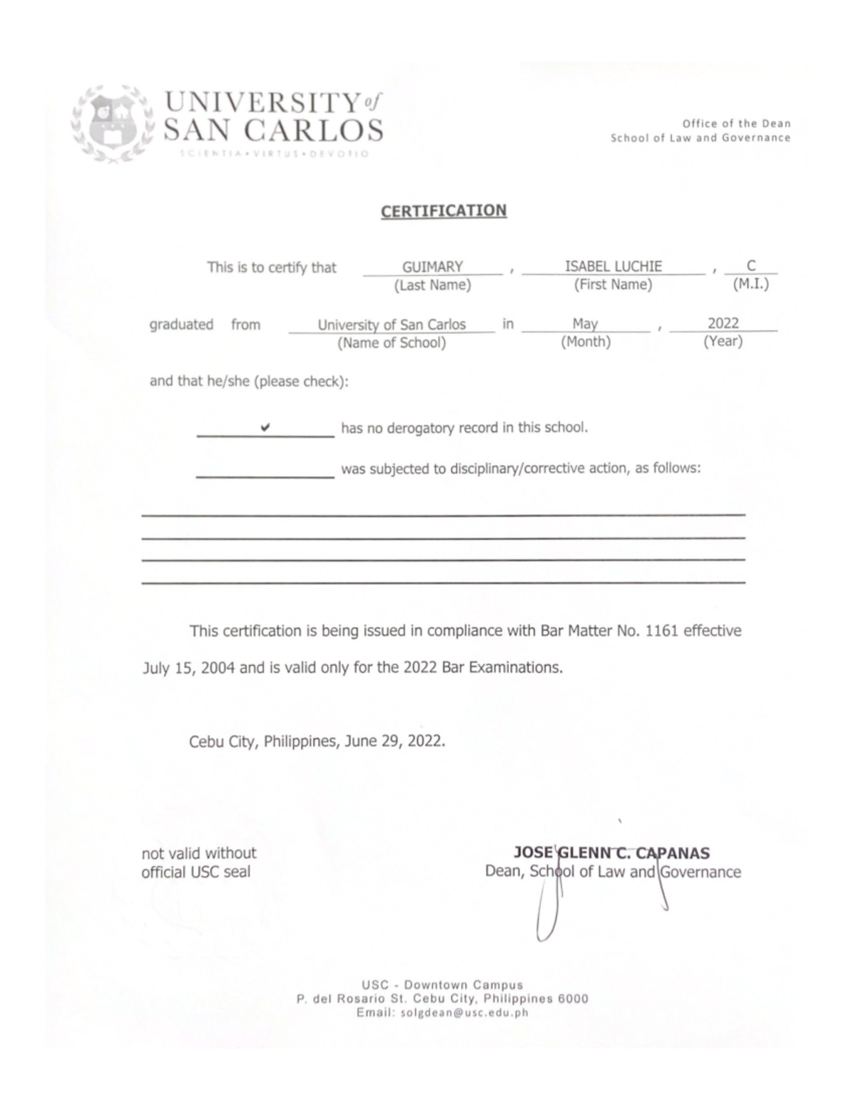 2022 062408594359 Certificate Of No Derogatory Record CNDR Bsed