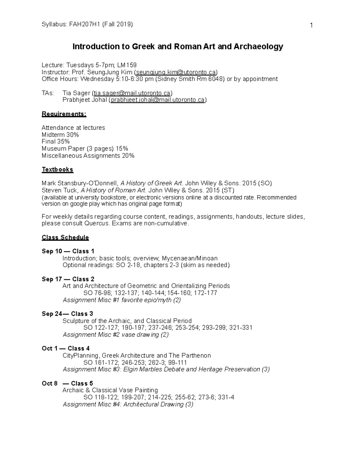 FAH207SyllabusFall2019 Syllabus FAH207H1 (Fall 2019) 1