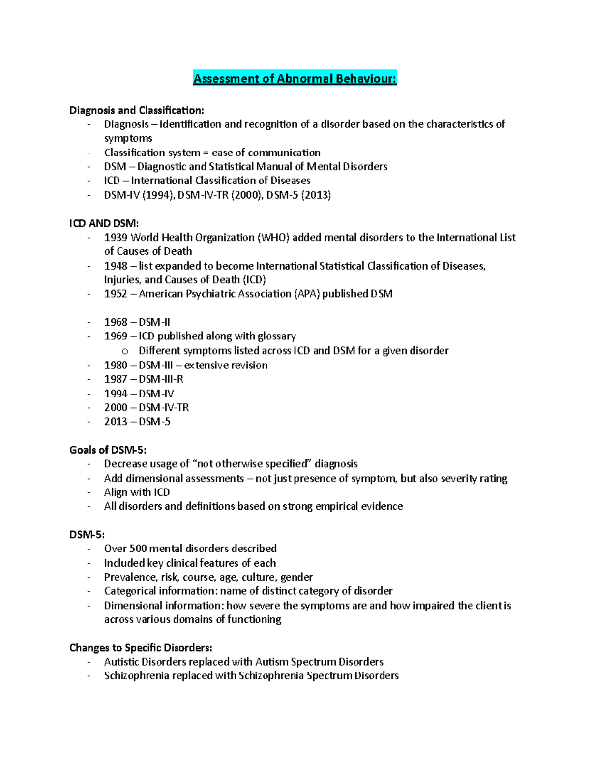 Lecture 4 – Notes - Assessment of Abnormal Behaviour: Diagnosis and ...