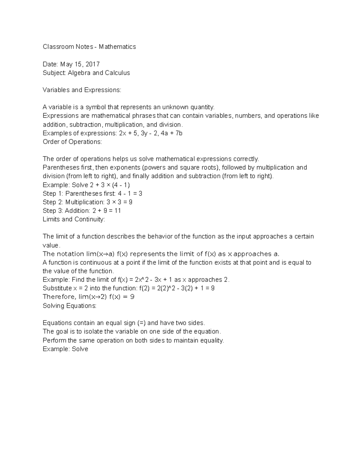 Untitled document - Math Notes: Variables, Expressions, Operations ...