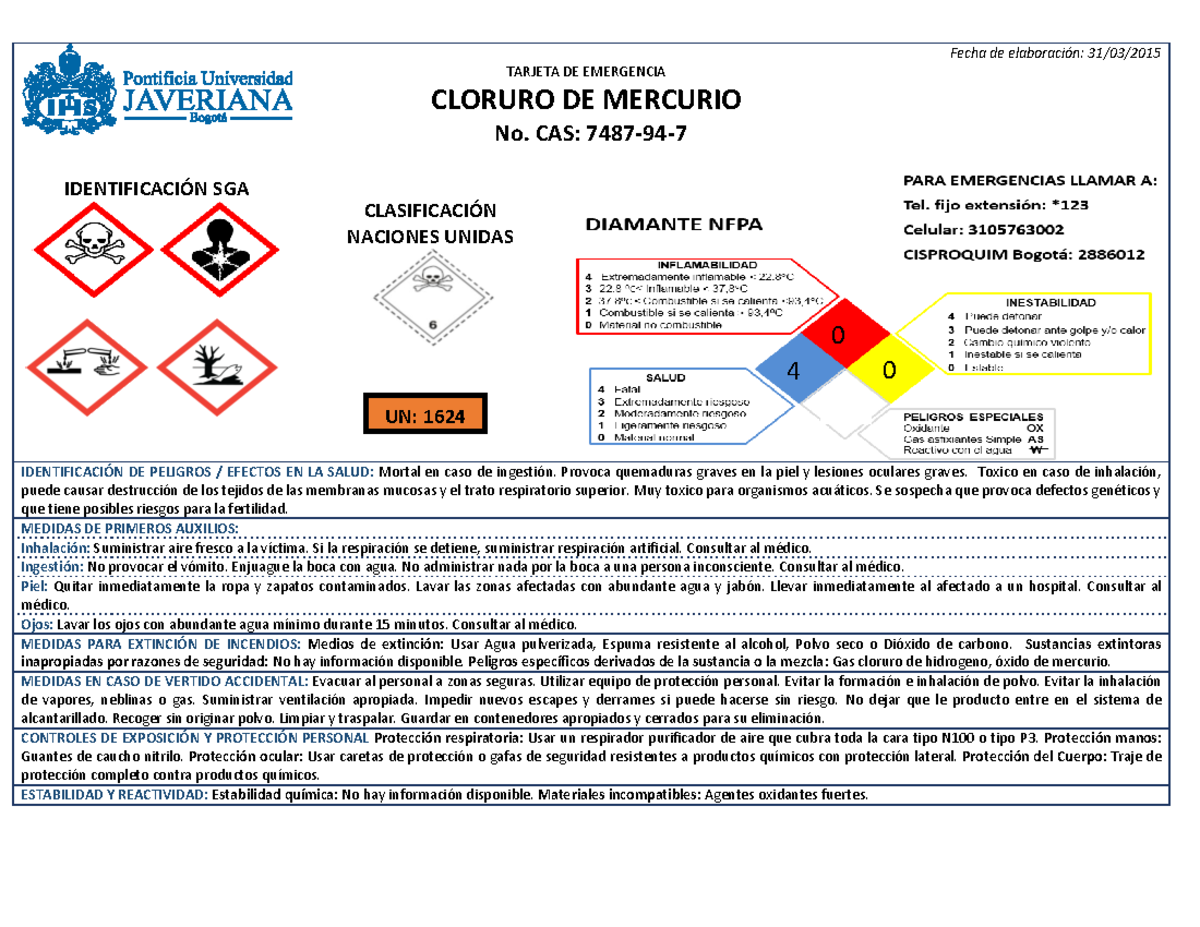 Cloruro DE Mercurio - TARJETA DE EMERGENCIA CLORURO DE MERCURIO Fecha