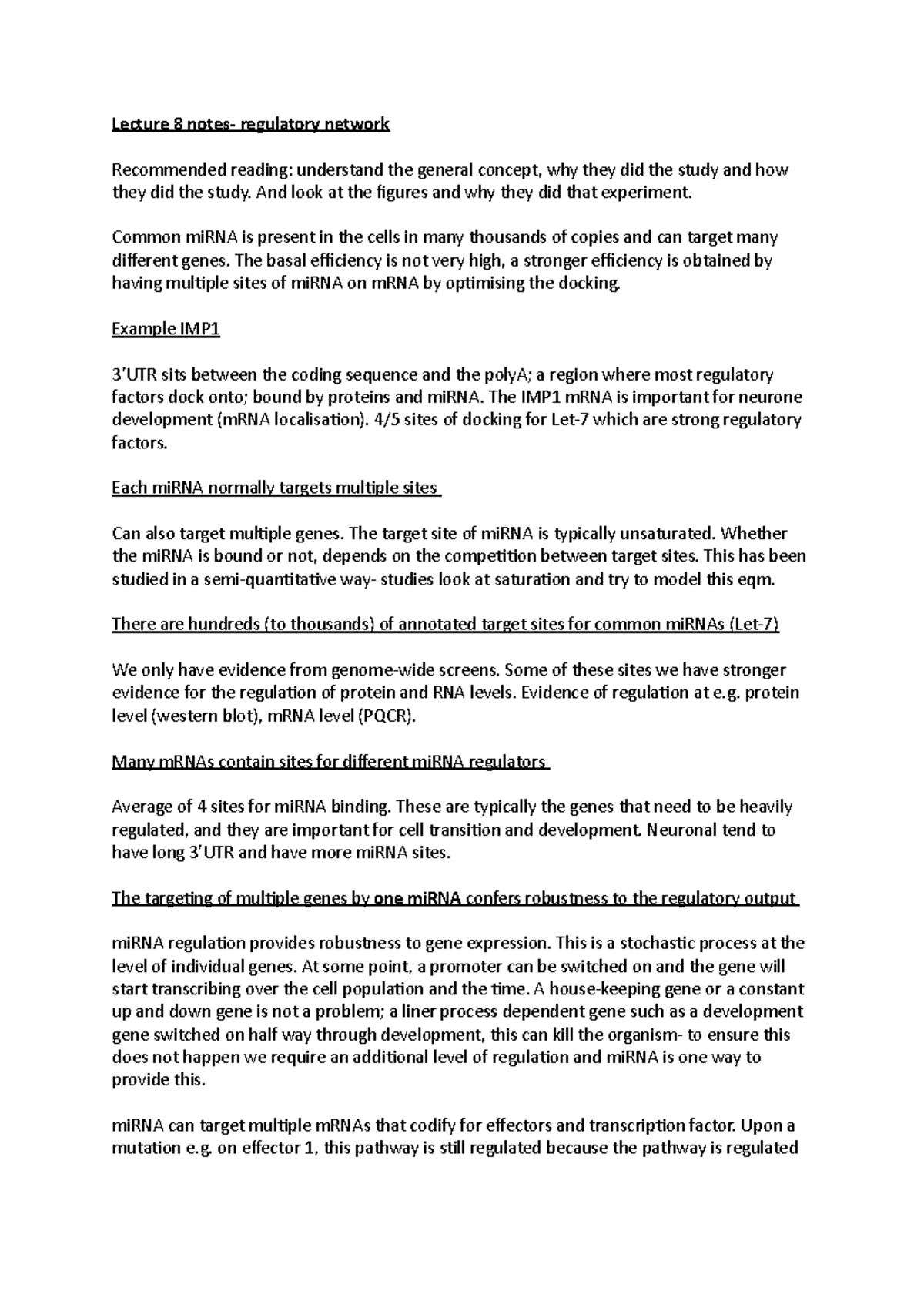 Lecture 8 & 9 notes- regulatory networks and mechanisms of m RNA ...