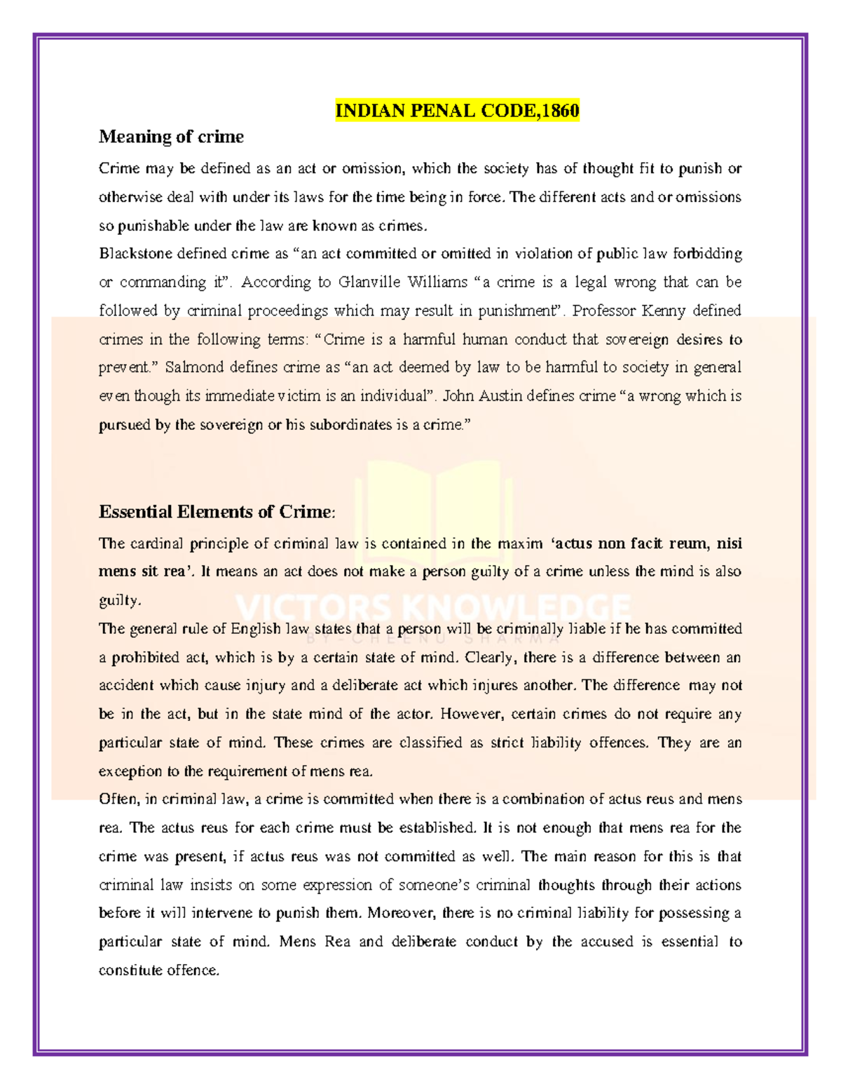 IPC Notes 118 pages - INDIAN PENAL CODE, Meaning of crime Crime may be ...