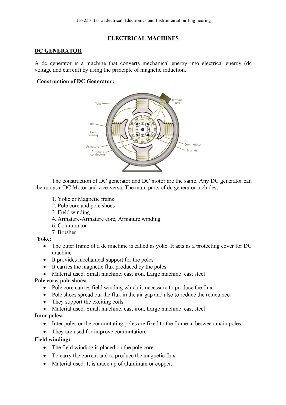 BE8253- UNIT 3 - ELECTRICAL MACHINES DC GENERATOR A Dc Generator Is A ...