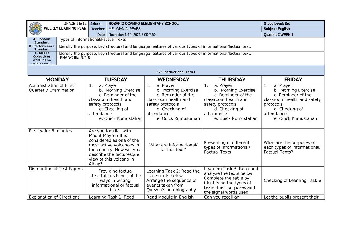 English Quarter 2 Week 1 Wlp Grade 1 To 12 Weekly Learning Plan School Rosario Ocampo 5378