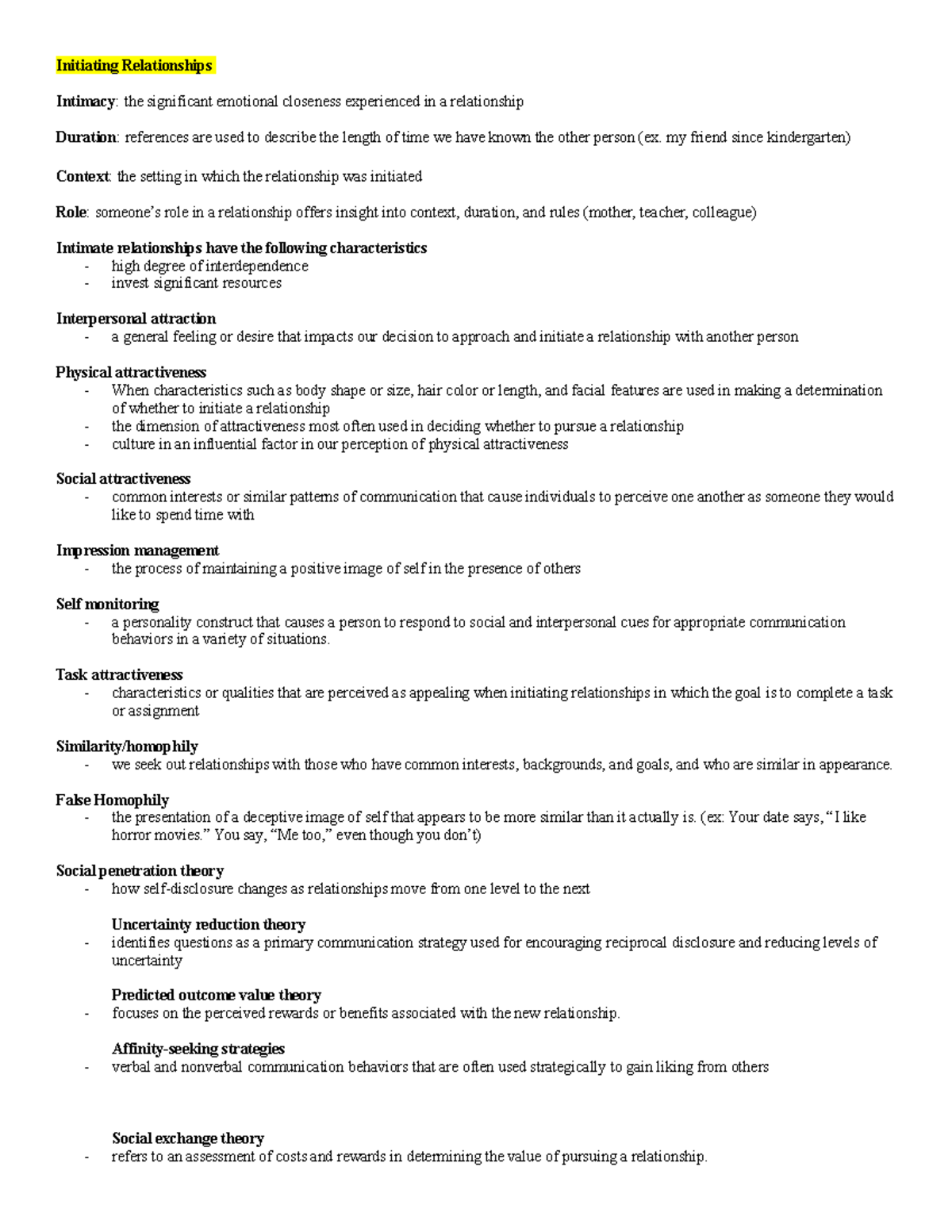 Study Guide Exam 3 / Final - Initiating Relationships Intimacy: the ...
