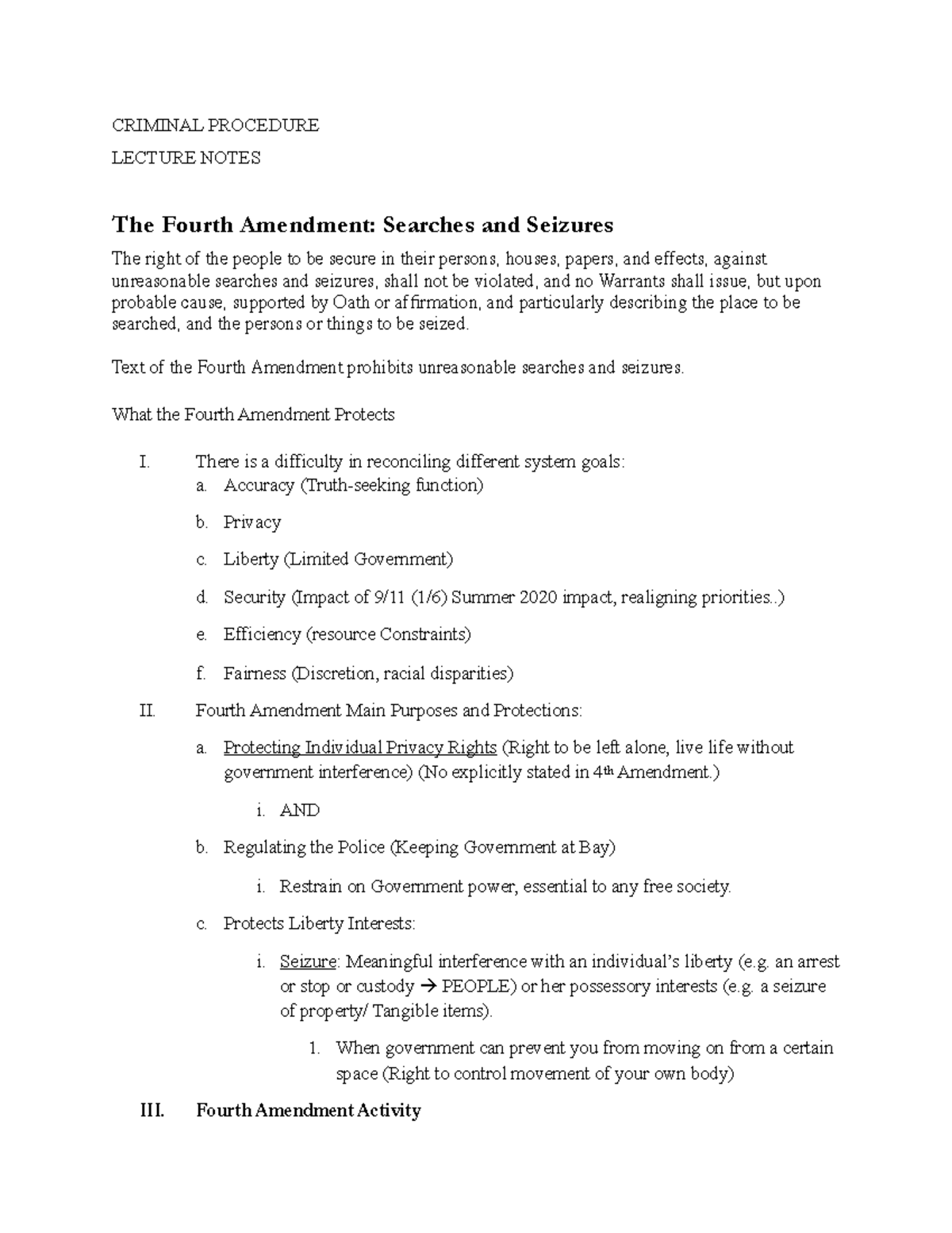 Criminal Procedure Lecture Notes The Fourth Amendment- Searches and ...
