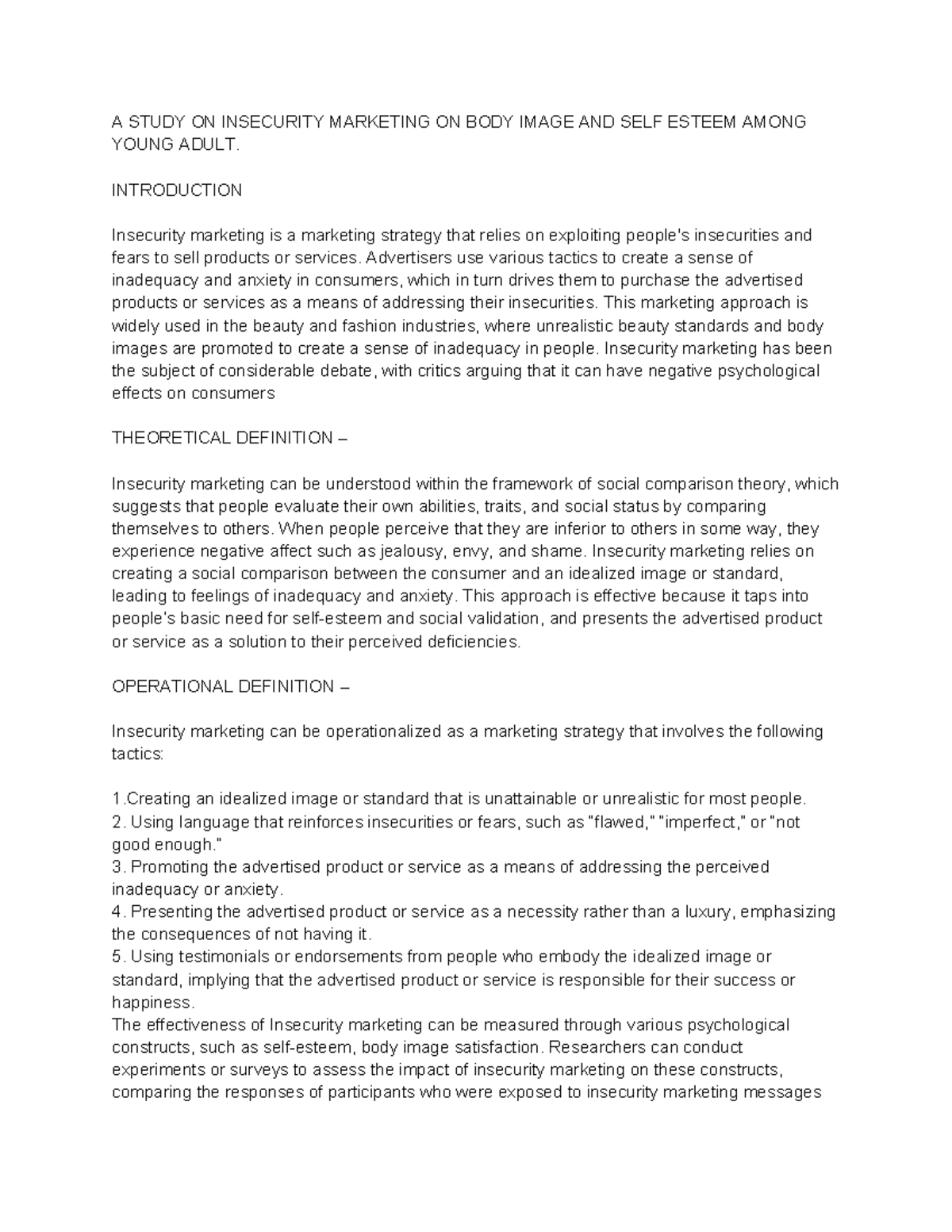 A Study ON Insecurity Marketing ON BODY Image AND SELF Esteem Among ...
