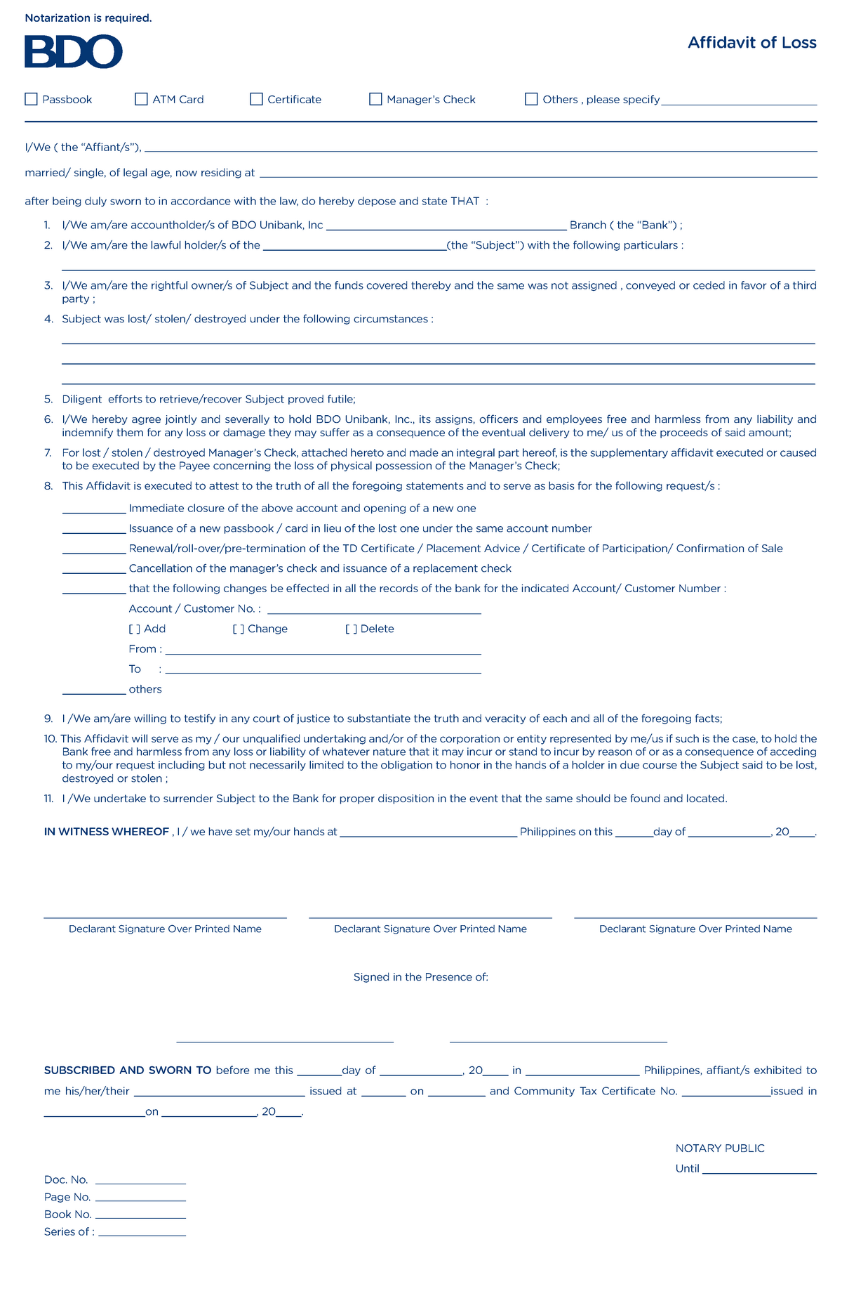 Example Of Affidavit Of Loss Atm Card