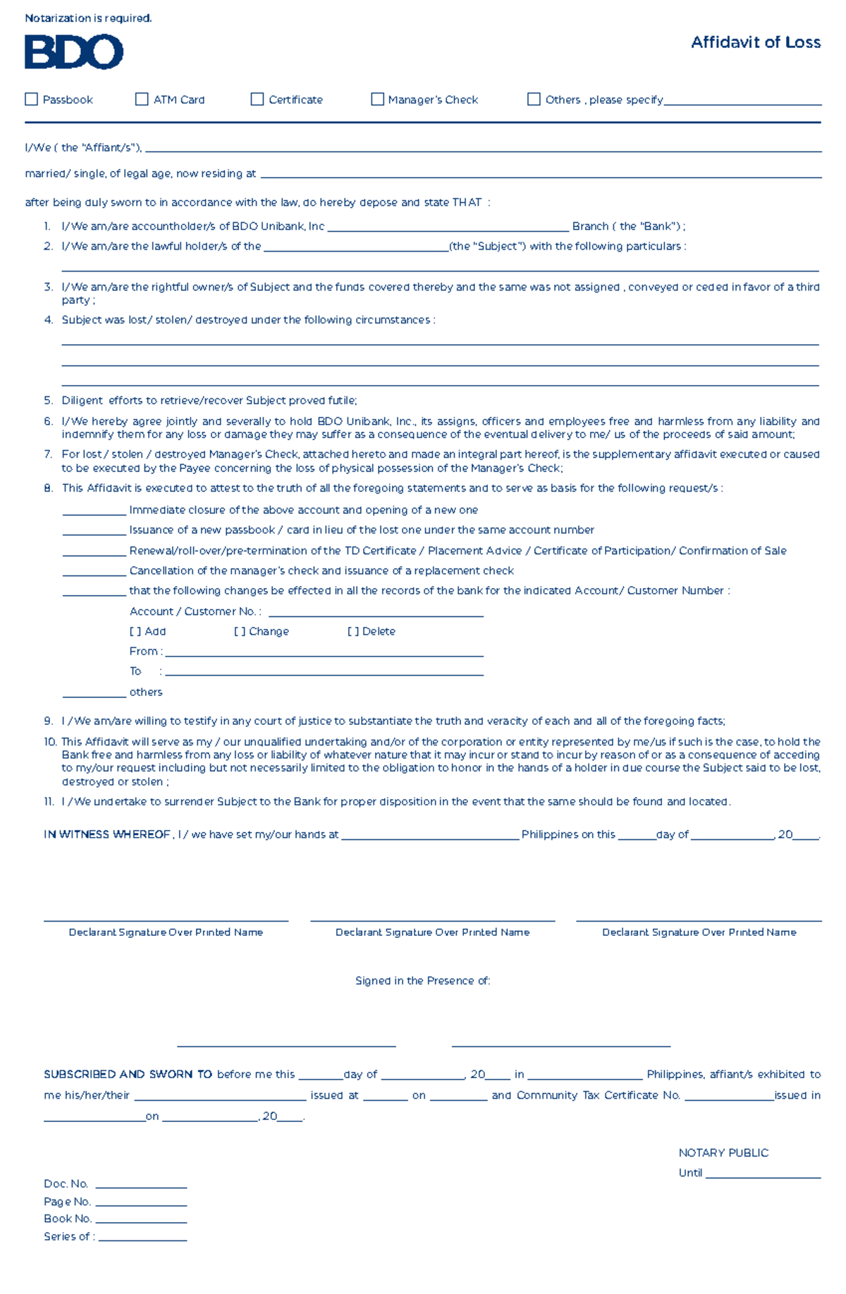 Affidavit Of Loss Atm Card I We Am are Accountholder s Of BDO Unibank 