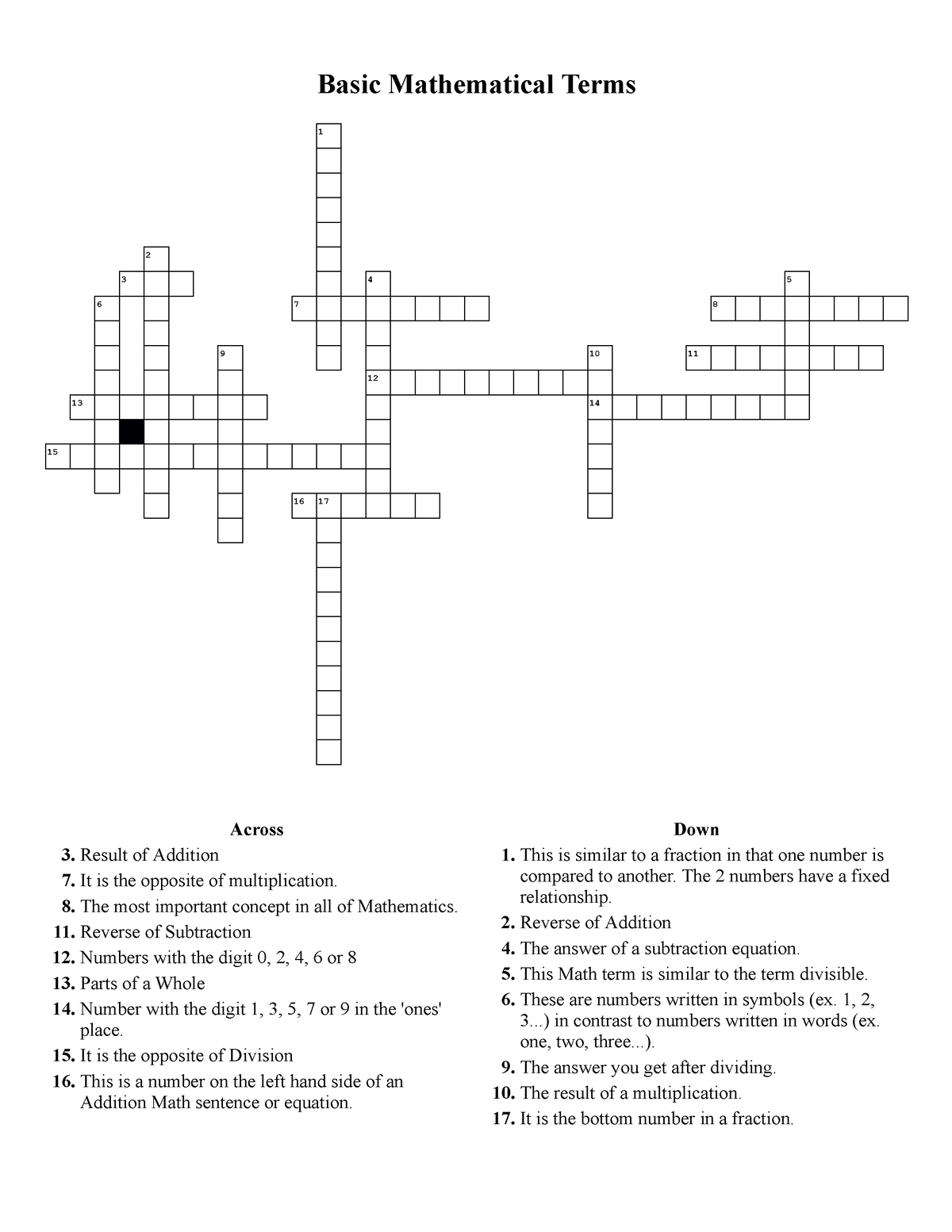 Math Crossword Puzzle Basic Mathematical Terms 1 2 3 4 5 6 7 8 9 10