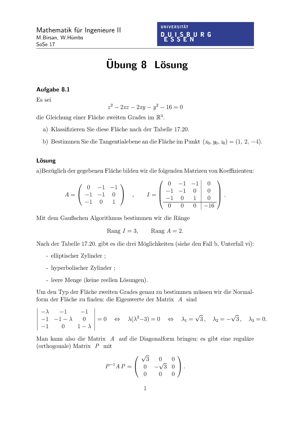 Übung Aufgabenstellung Und Lösung 08 - Mathematik F¨ur Ingenieure II M ...