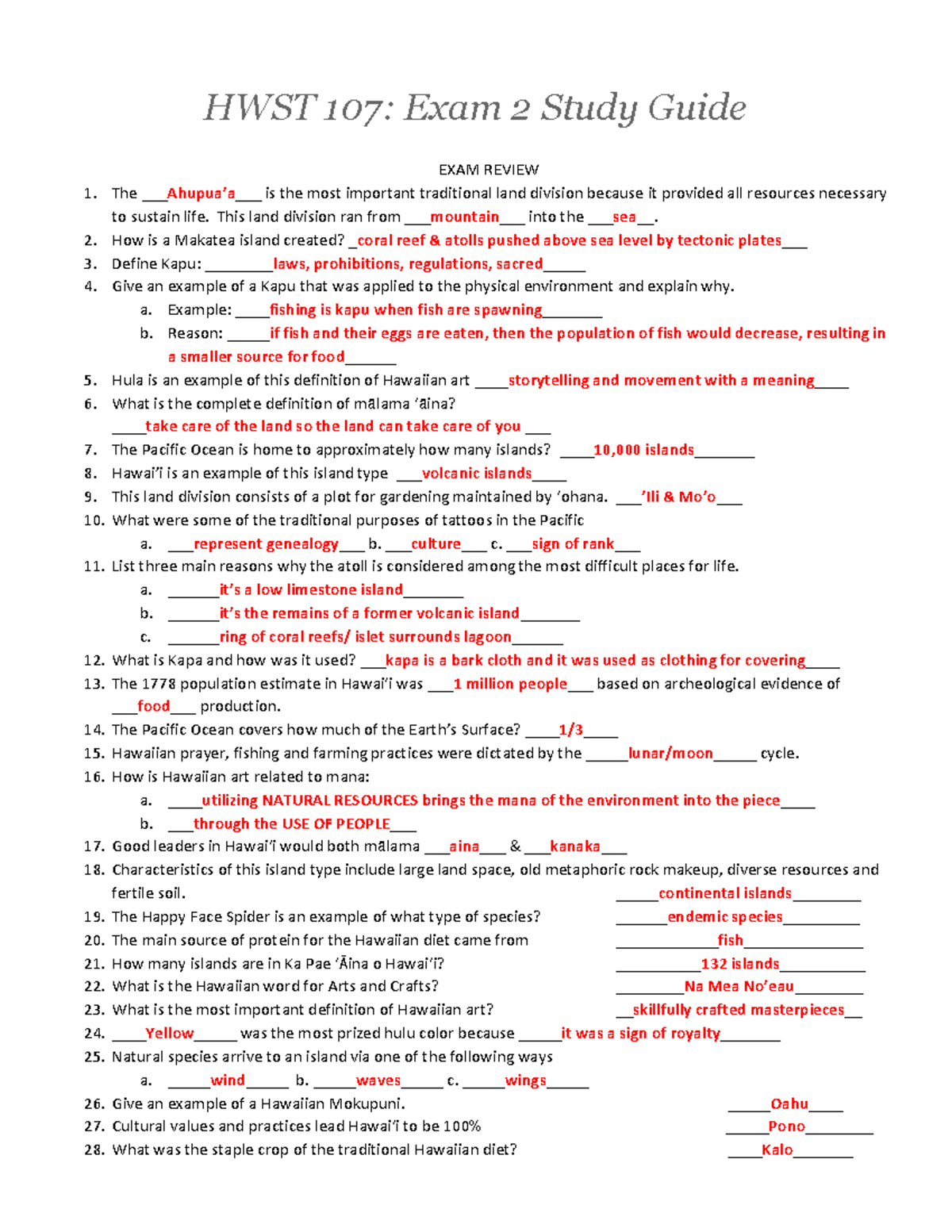 HWST 107 Exam 2 Study Guide - HWST 107: Exam 2 Study Guide EXAM REVIEW 