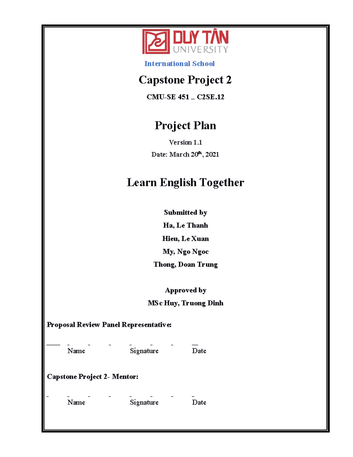 2 C2SE.12 Project Plan ver 1 International School Capstone Project 2