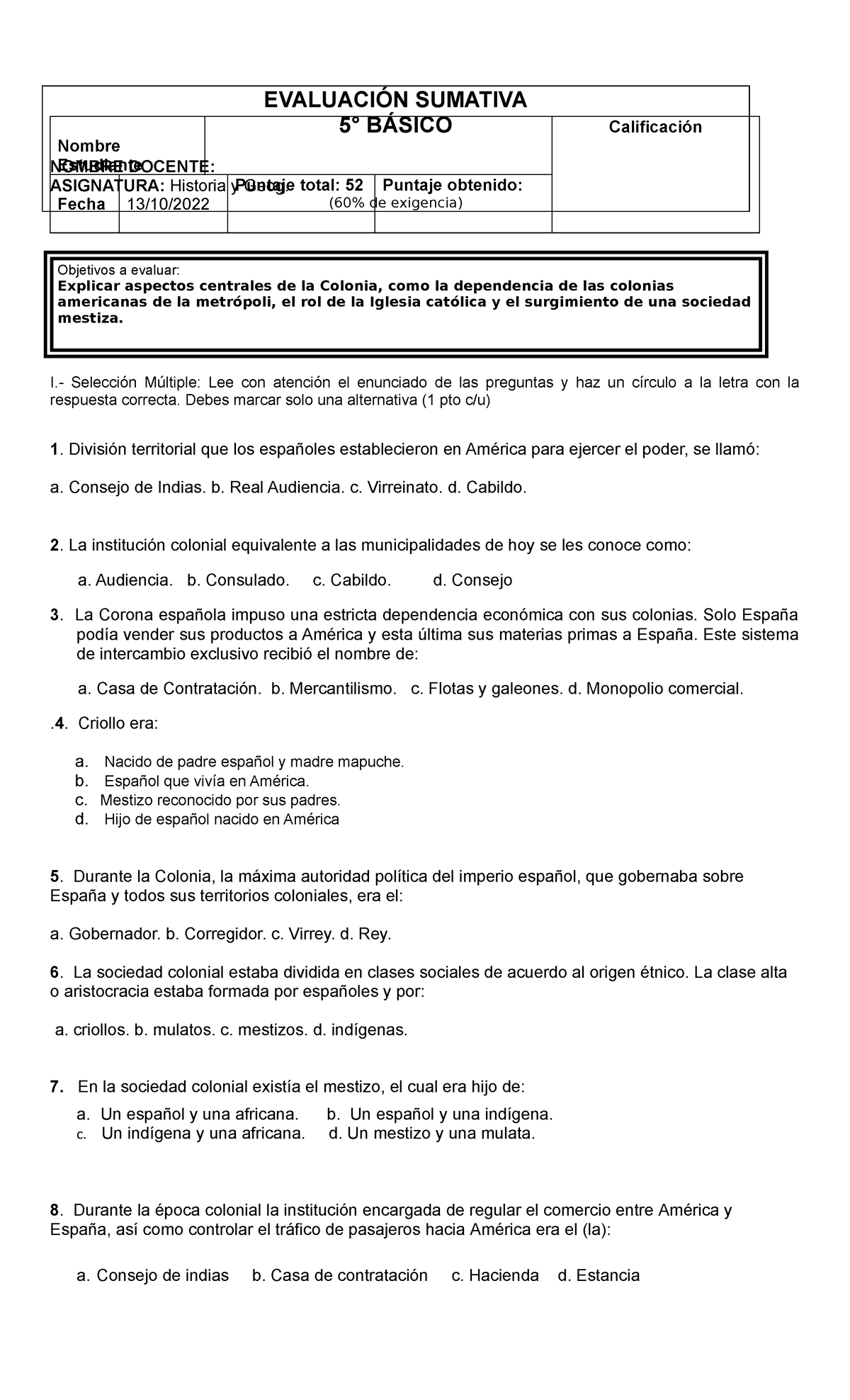 Evaluacion Quinto Historia Nombre Estudiante Calificaci N Fecha