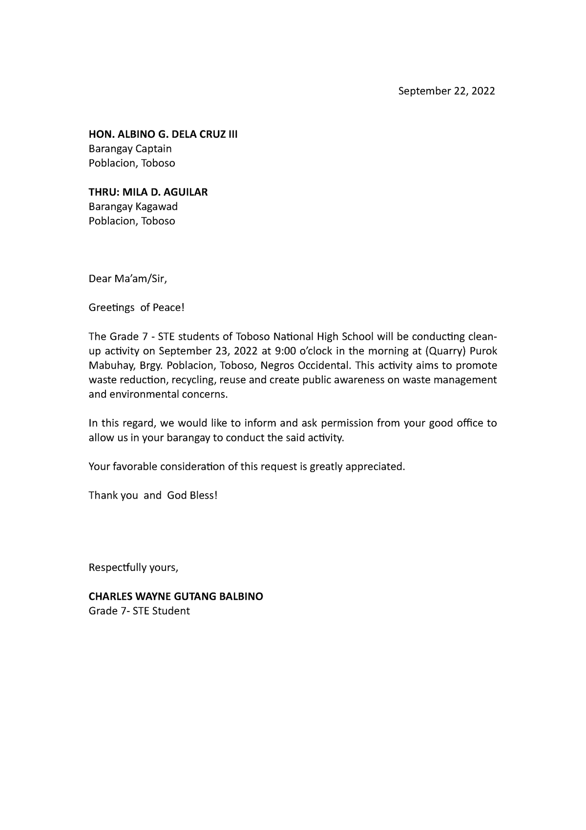 Clean-up drive letter request - September 22, 2022 HON. ALBINO G. DELA