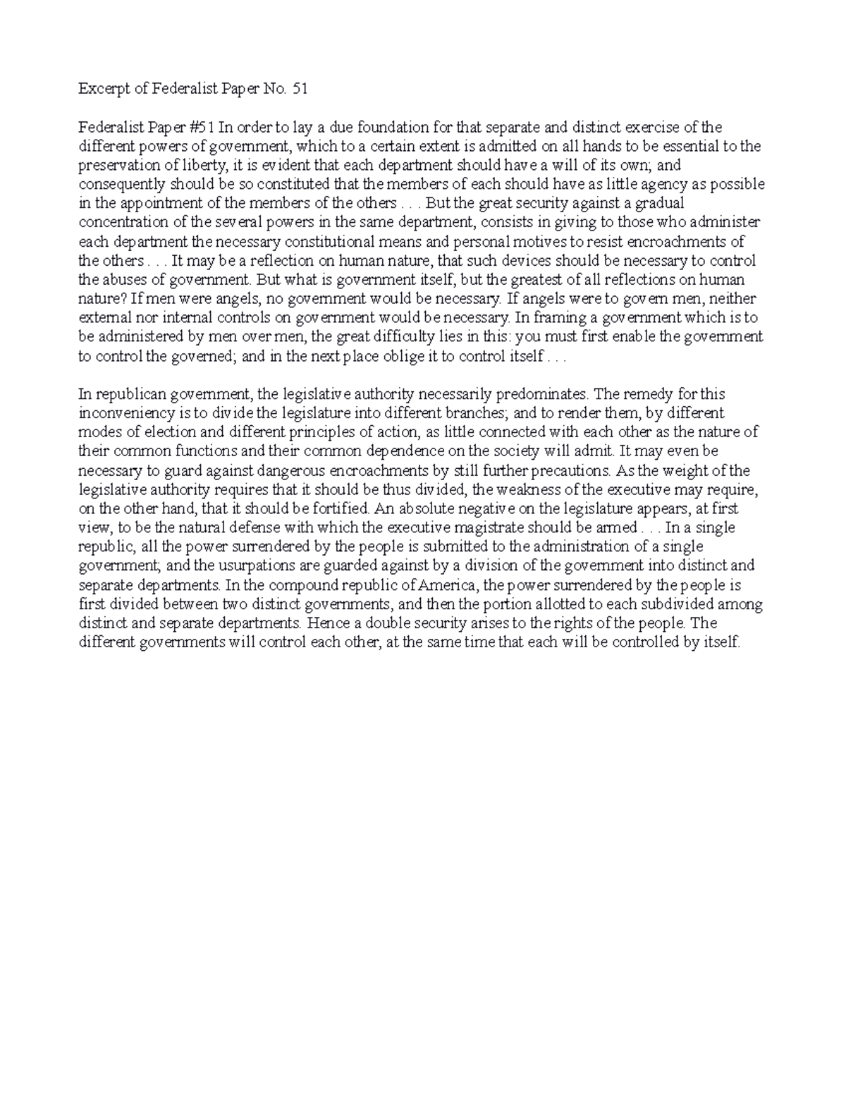 Federalist Paper No 51 - 51 Federalist Paper #51 In Order To Lay A Due ...