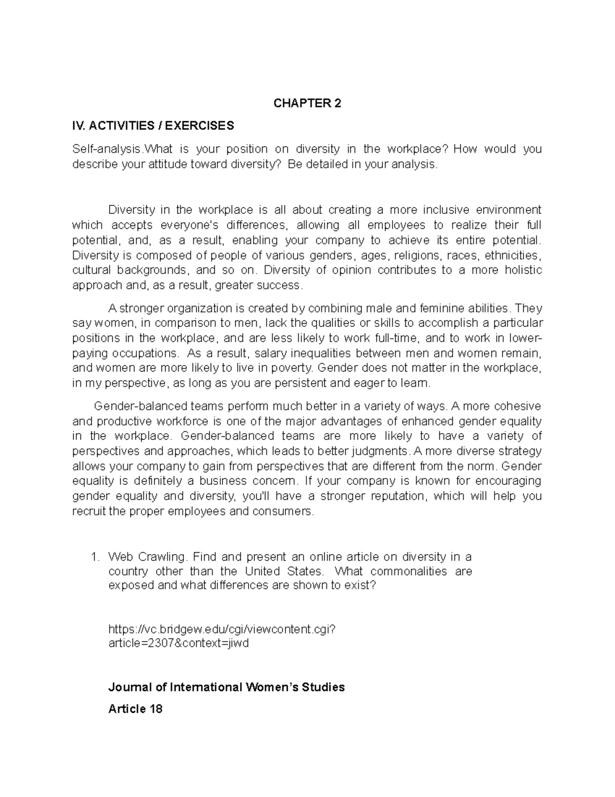 Human behavior and organization assignment - CHAPTER 2 IV. ACTIVITIES ...
