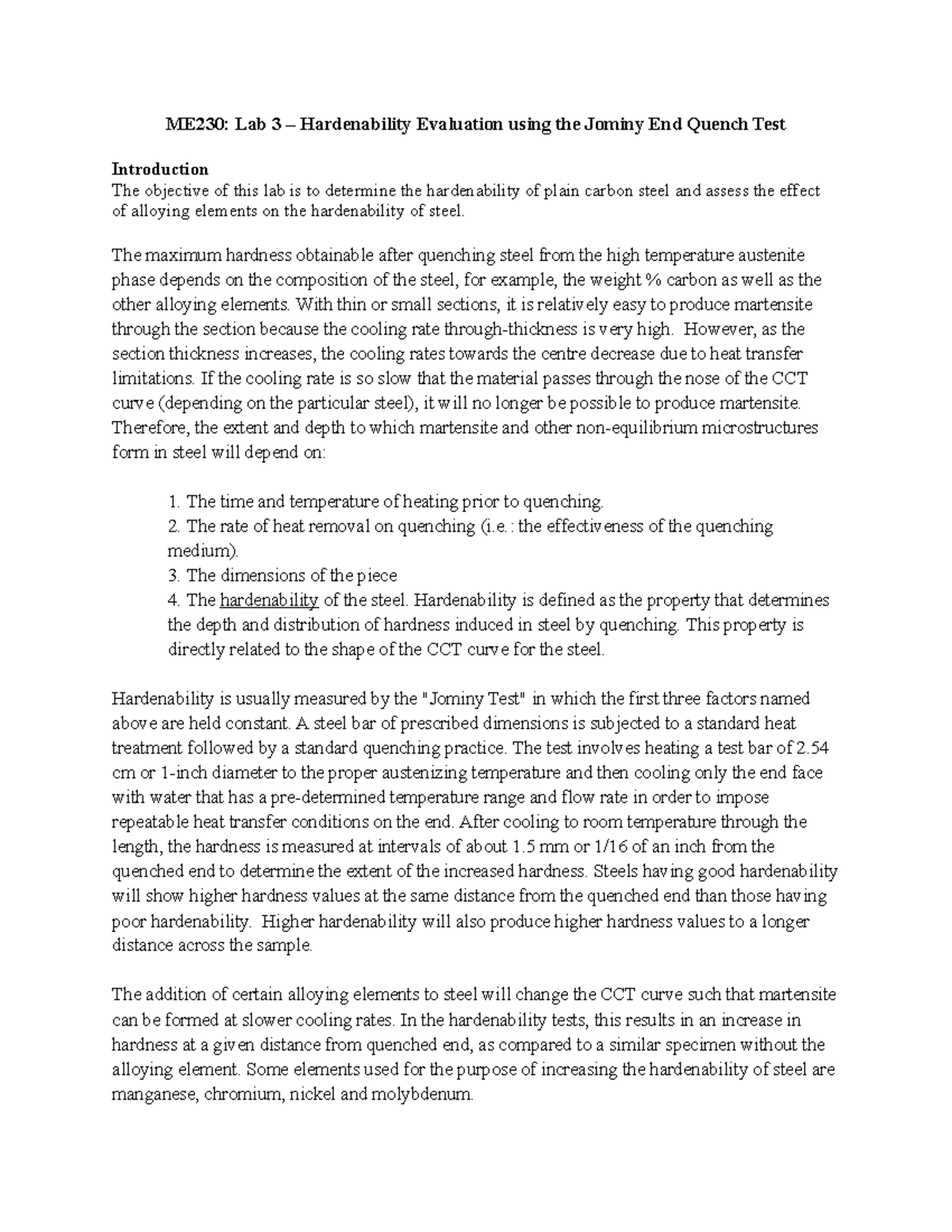 ME230 Lab 3- Hardenability - ME230: Lab 3 – Hardenability Evaluation ...