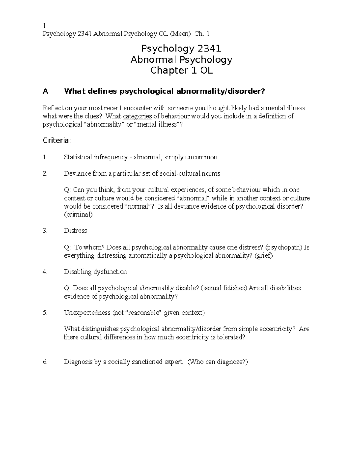 Abnormal Psych Notes Ch. 1 OL(1) - Psychology 2341 Abnormal Psychology ...