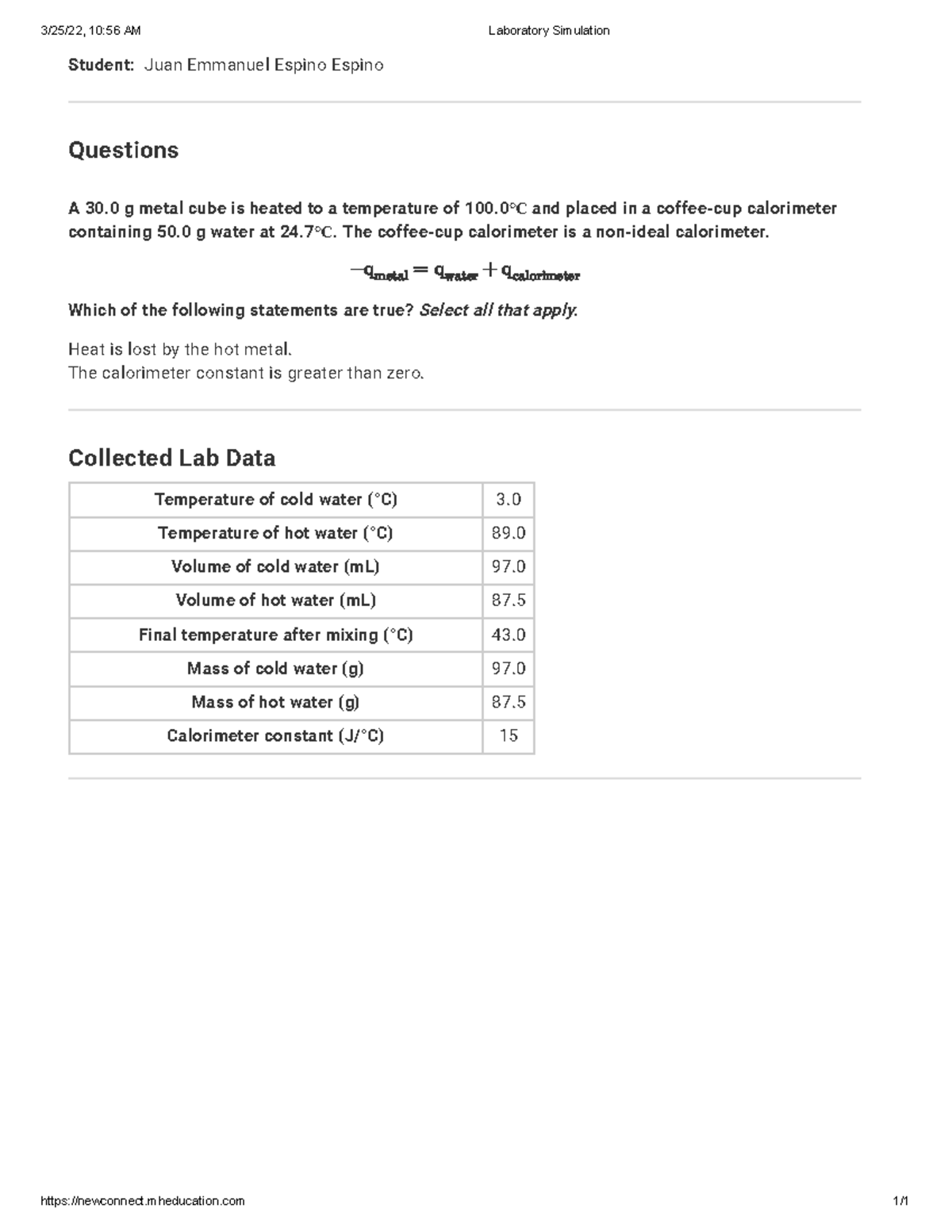 Experiment 1.3 Part 1 Determination of Heat Capacity of Calorimeter 3