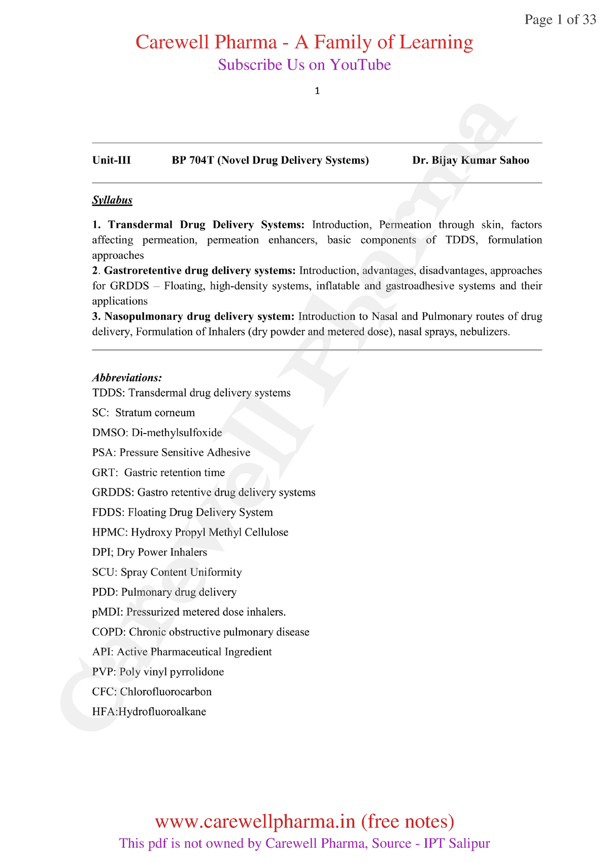 Unit 3 Ndds 7th Semester -1 - 1 Unit-III BP 704T (Novel Drug Delivery ...