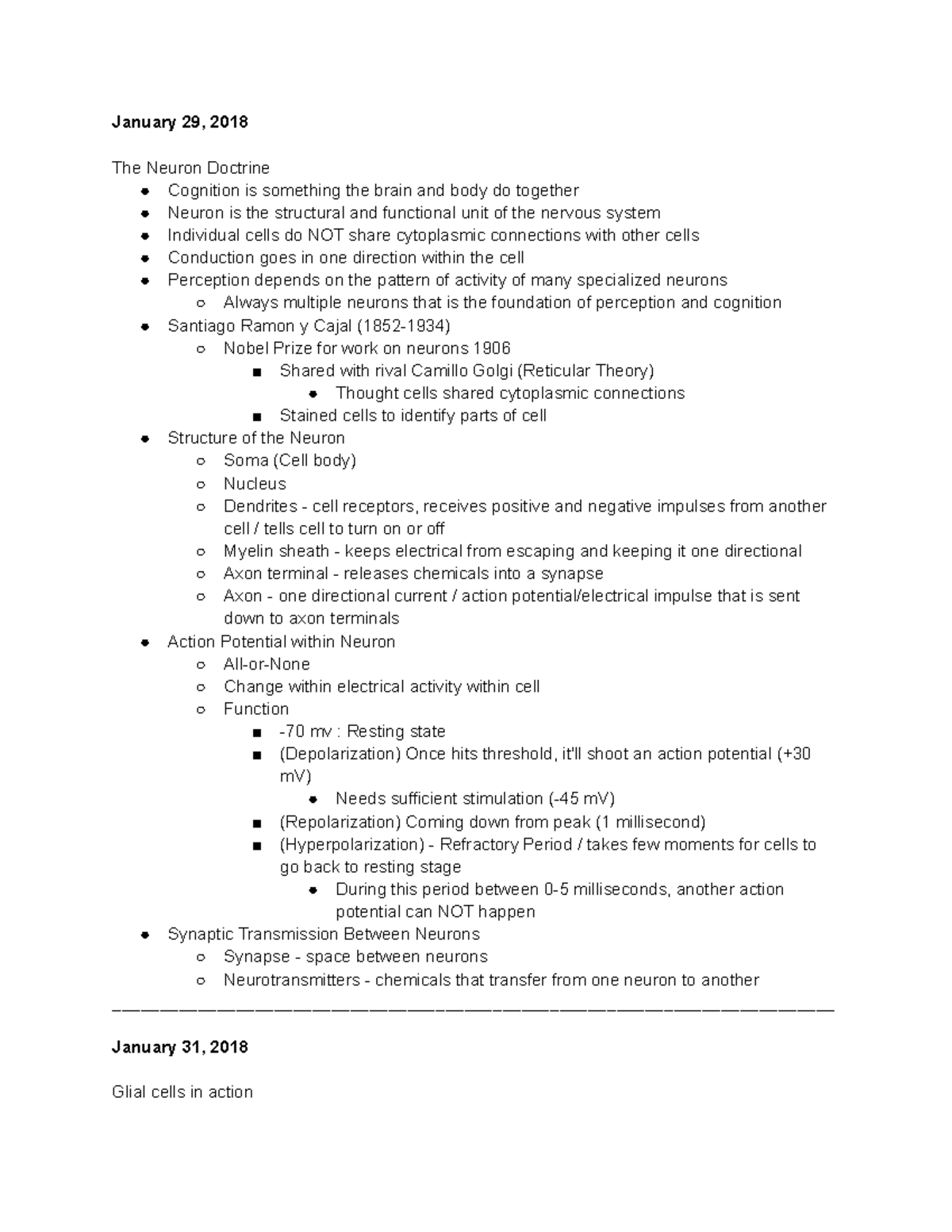 Cognitive Neuroscience Notes - January 29, 2018 The Neuron Doctrine ...