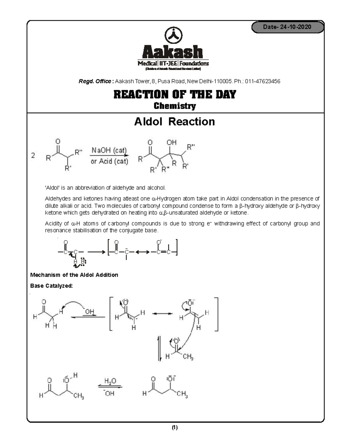 Aldol Reaction Chemistry - (1) Aldol Reaction 'Aldol' is an ...