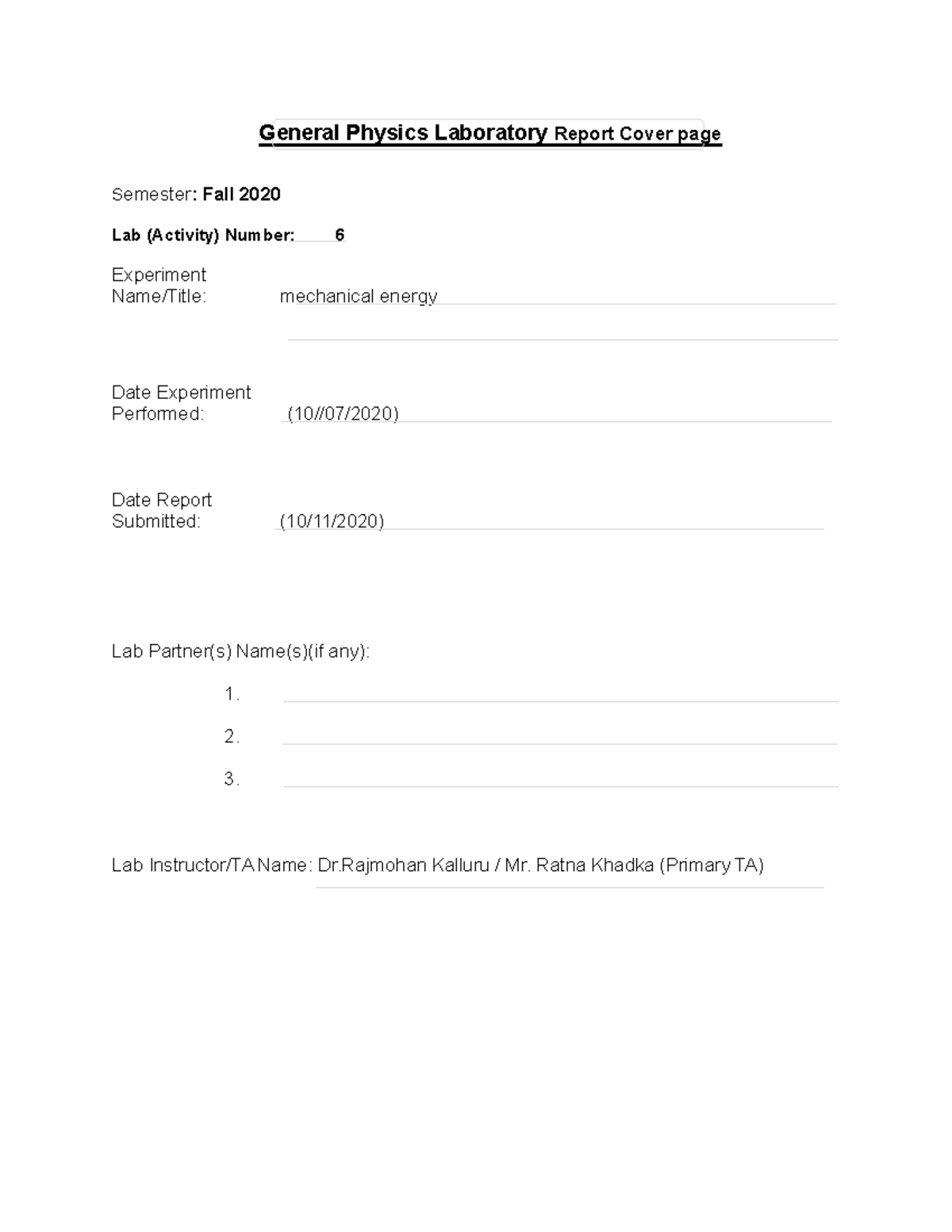 Lab 6 Mechanical Energy Lab Report General Physics Laboratory Report
