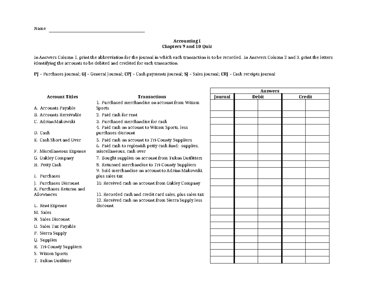 Chapters 9 and 10 - ANSWERS - Name Accounting I Chapters 9 and 10 Quiz ...