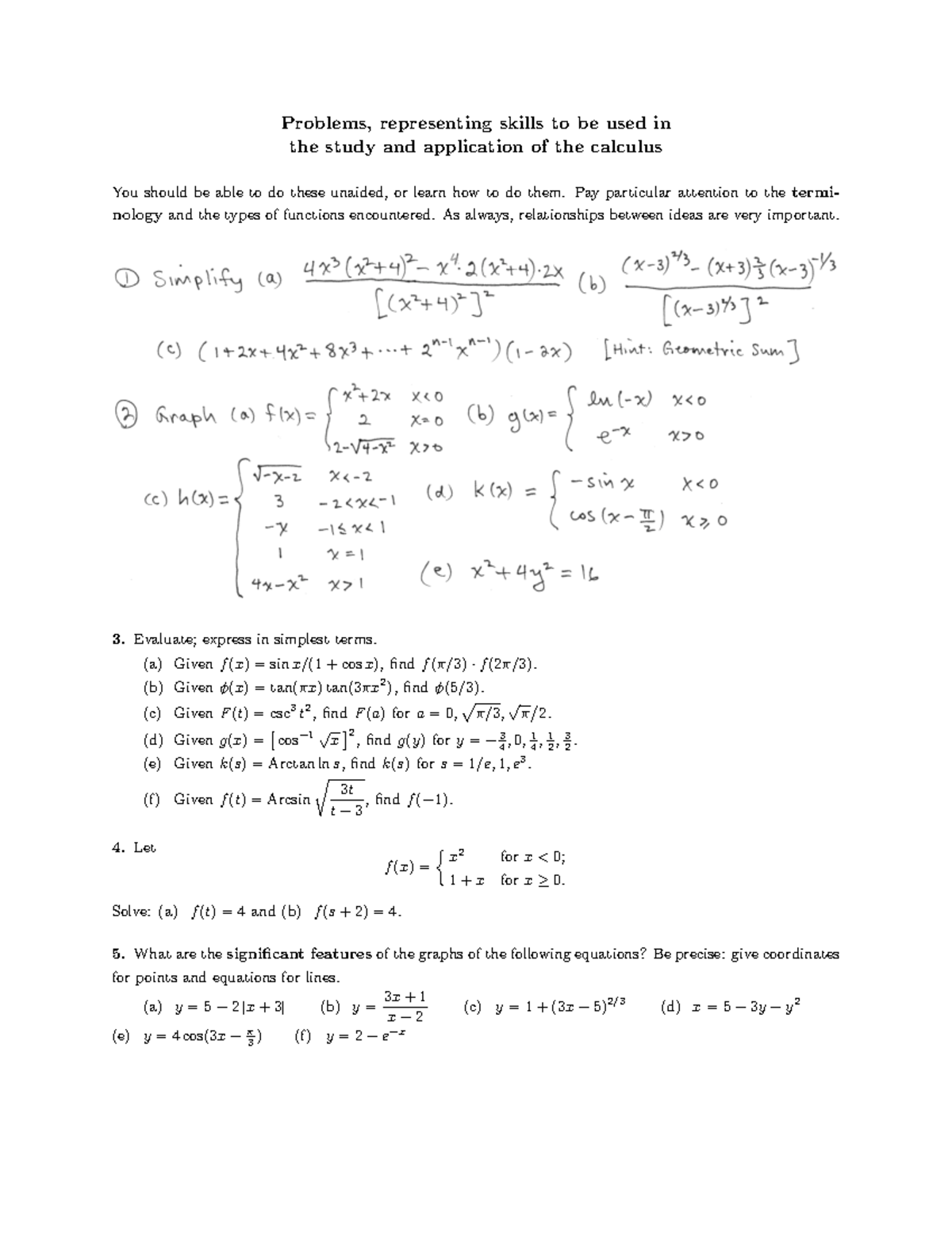 Pre Calc Review-111 - Practice Into Calculus Problems - Problems ...