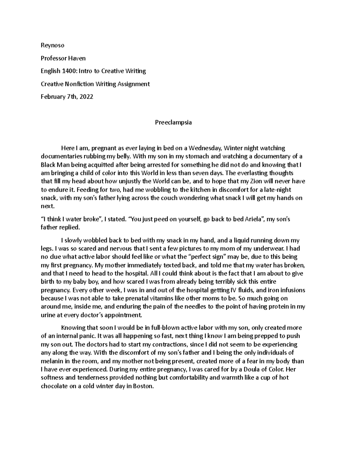 Short Creative Nonfiction 2 Reynoso Professor Haven English 1400 Intro to Creative Writing