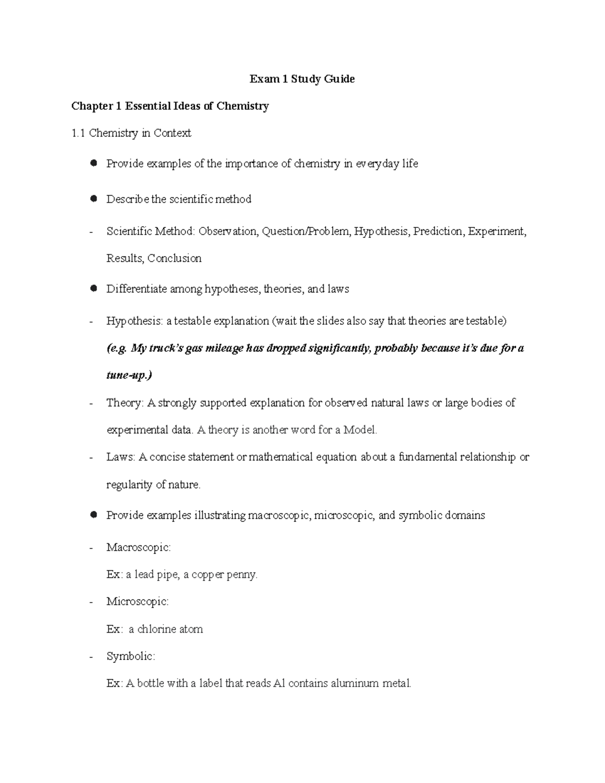 Chem 201 Exam 1 Study Guide Exam 1 Study Guide Chapter 1 Essential