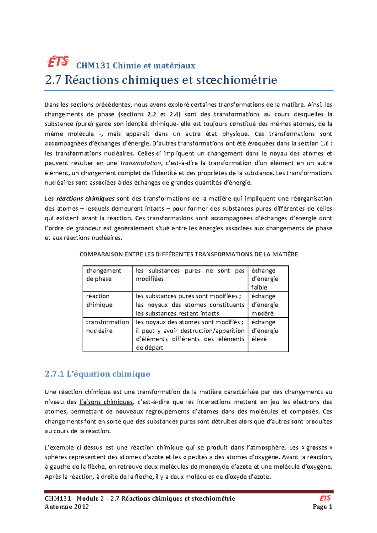 2-7 Réactions chimiques - CHM131 Chimie et matériaux 2 Réactions ...