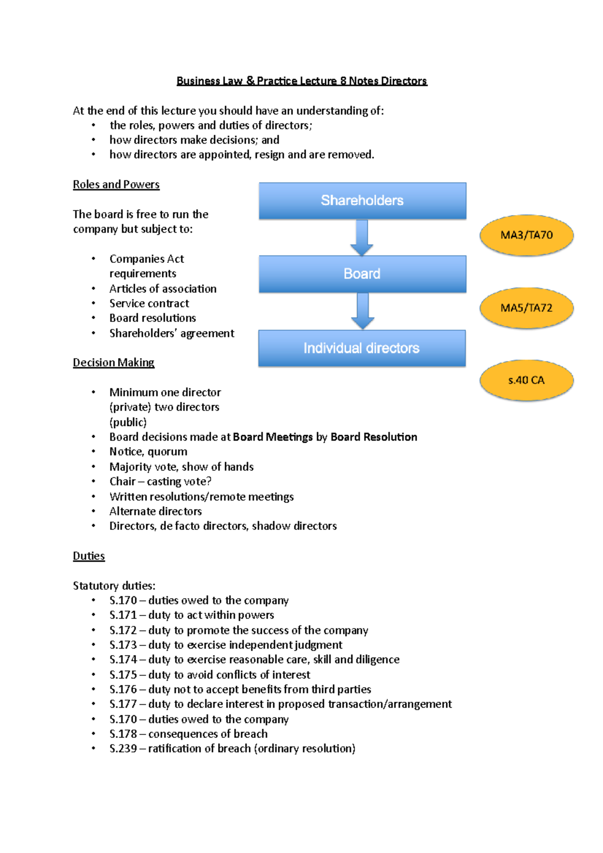Business Law and Practice Lecture Notes Directors - Business Law ...