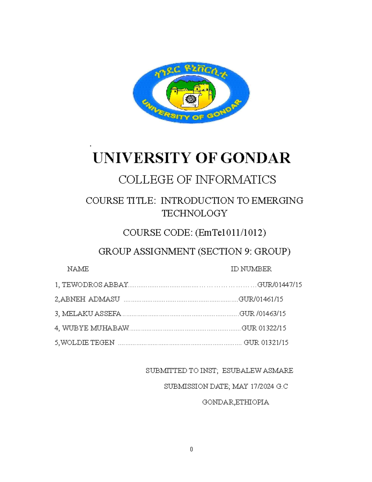 Yalew assignment emerging - . UNIVERSITY OF GONDAR COLLEGE OF ...