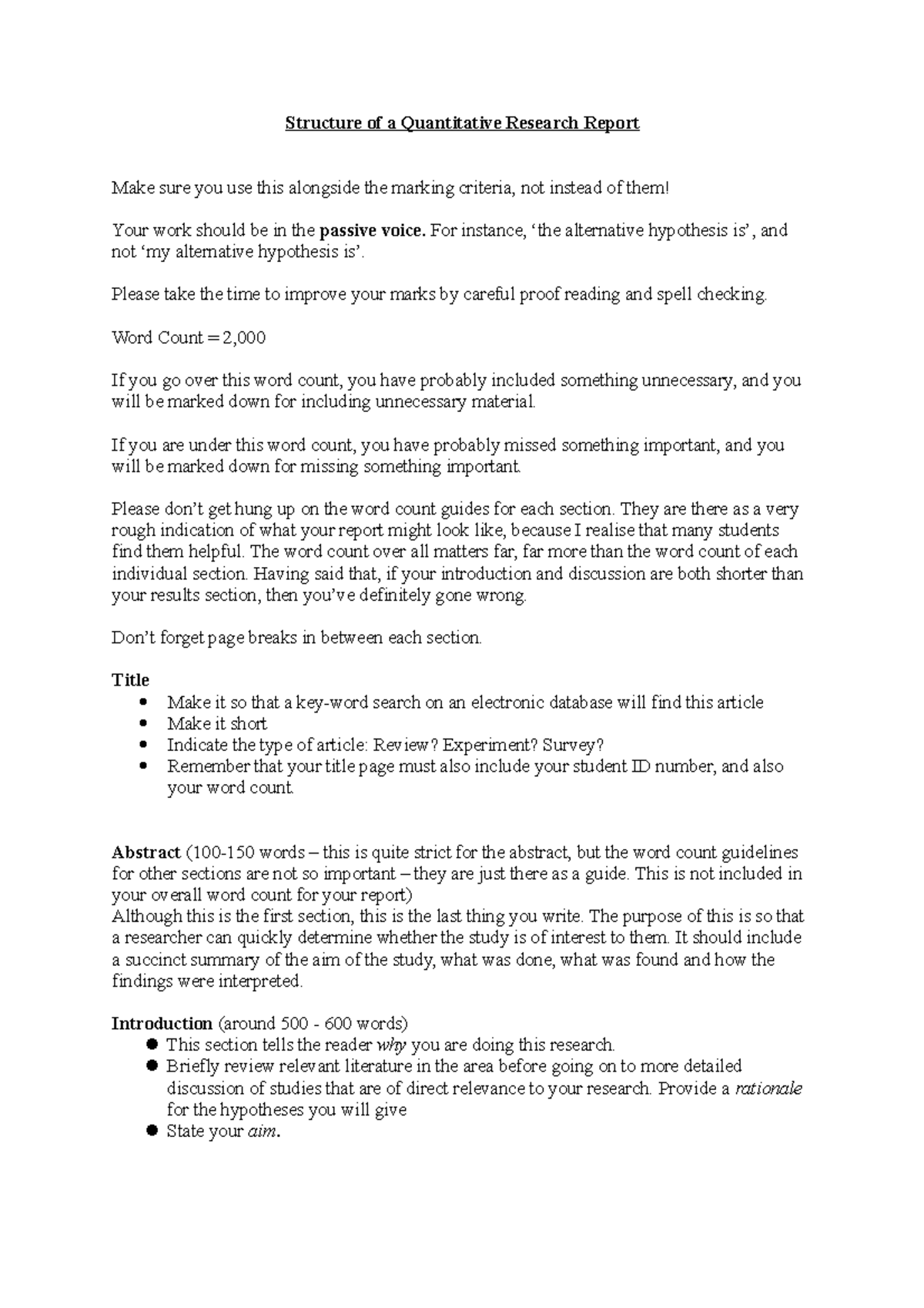 Structure of a Quantitative Research Report For instance, ‘the